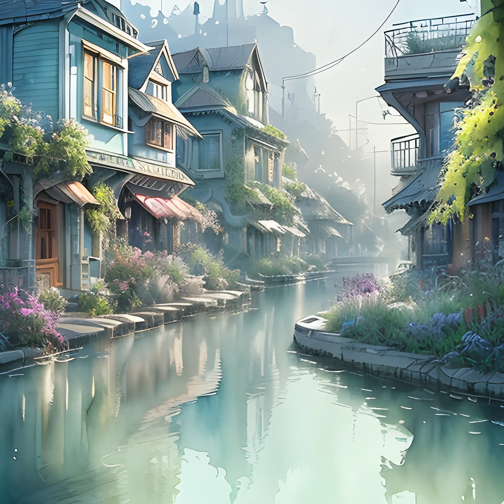 Beautiful sad picturesque charming sci-fi town in harmony with nature. Beautiful light. Water and plants. Nice colour scheme, soft cold colour. Beautiful detailed artistic watercolor by Vincent. (2022)