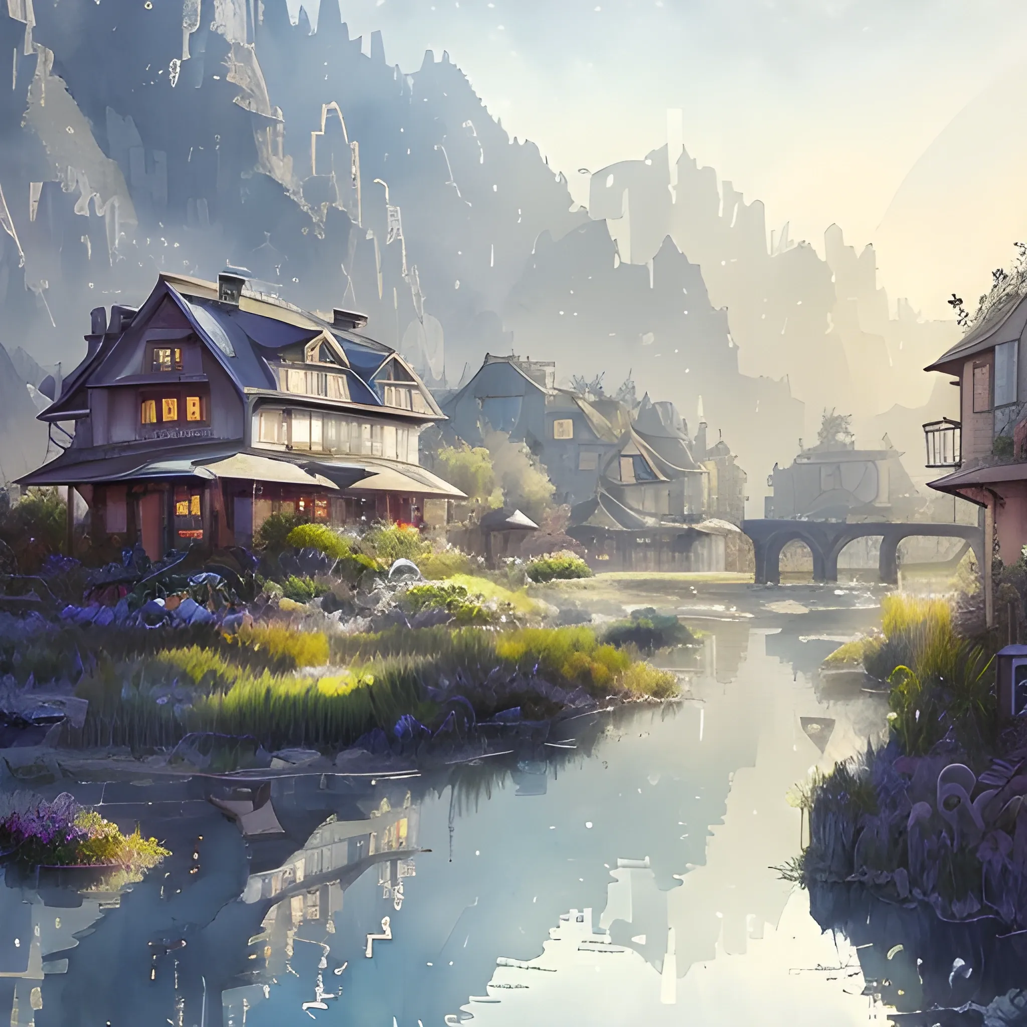 sad picturesque charming sci-fi town in harmony with nature. Beautiful light. Water and plants. Nice colour scheme, soft cold colour. Beautiful detailed artistic watercolor by Vincent. (2022)