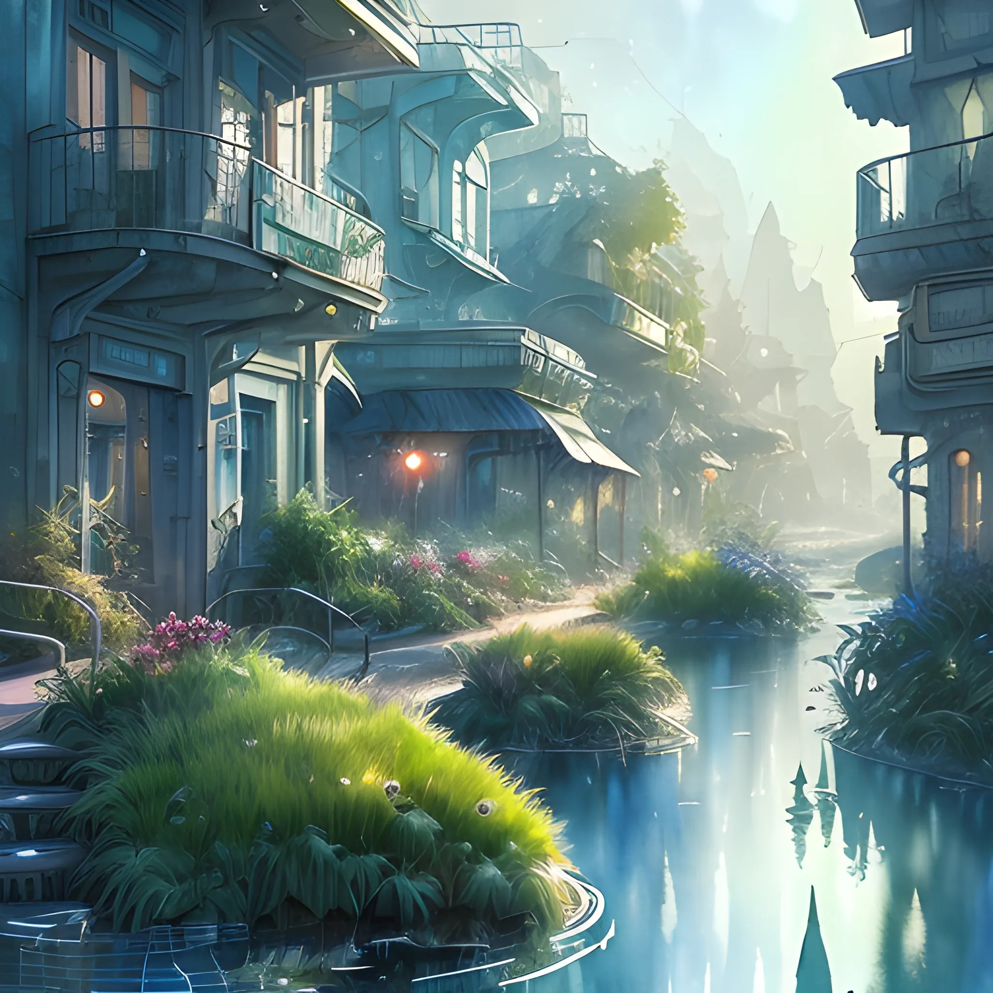 sad charming sci-fi town in harmony with nature. dramatic lighting, Water and plants. Nice colour scheme, soft cold colour. Beautiful detailed artistic watercolor by Vincent. (2022)