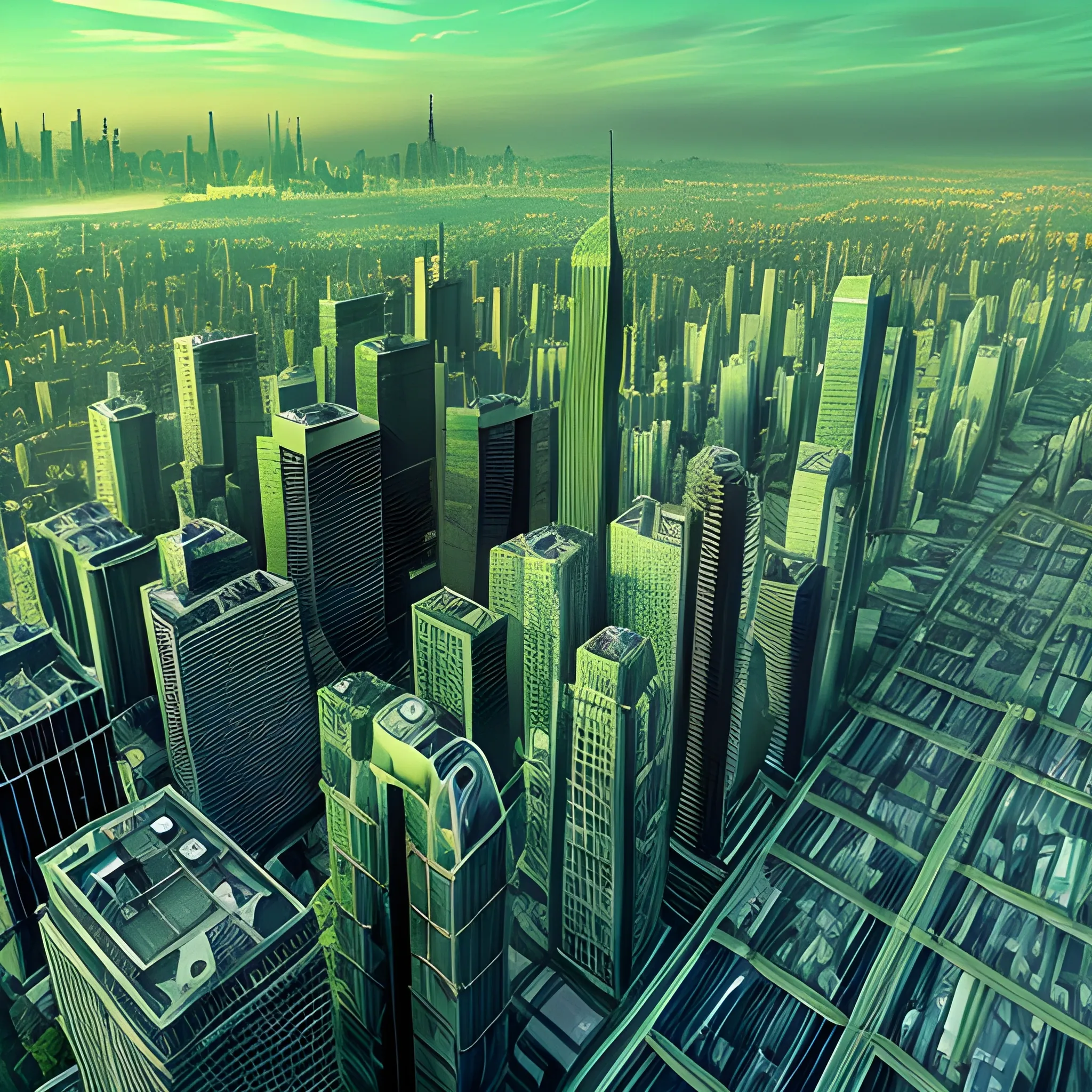 A ghostly city with high buildings and a green skyline