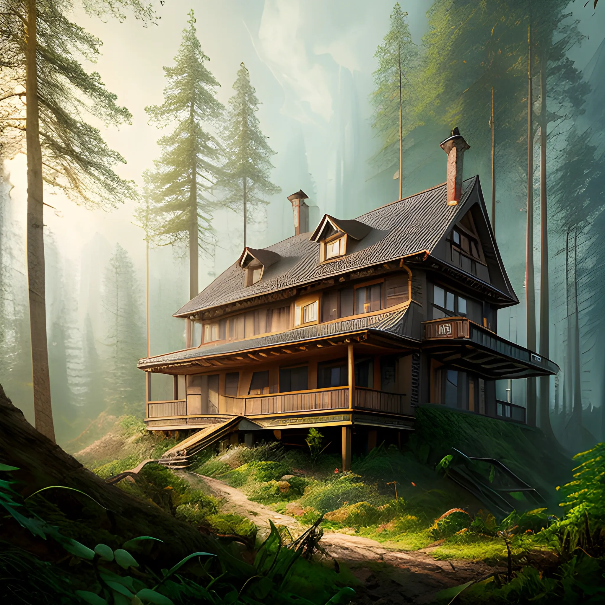 a small house in the middle of a forest, a detailed matte painting inspired by Vassily Maximov, cgsociety, photorealism, soft focus matte painting, photorealistic matte painting, 3d rendered matte painting