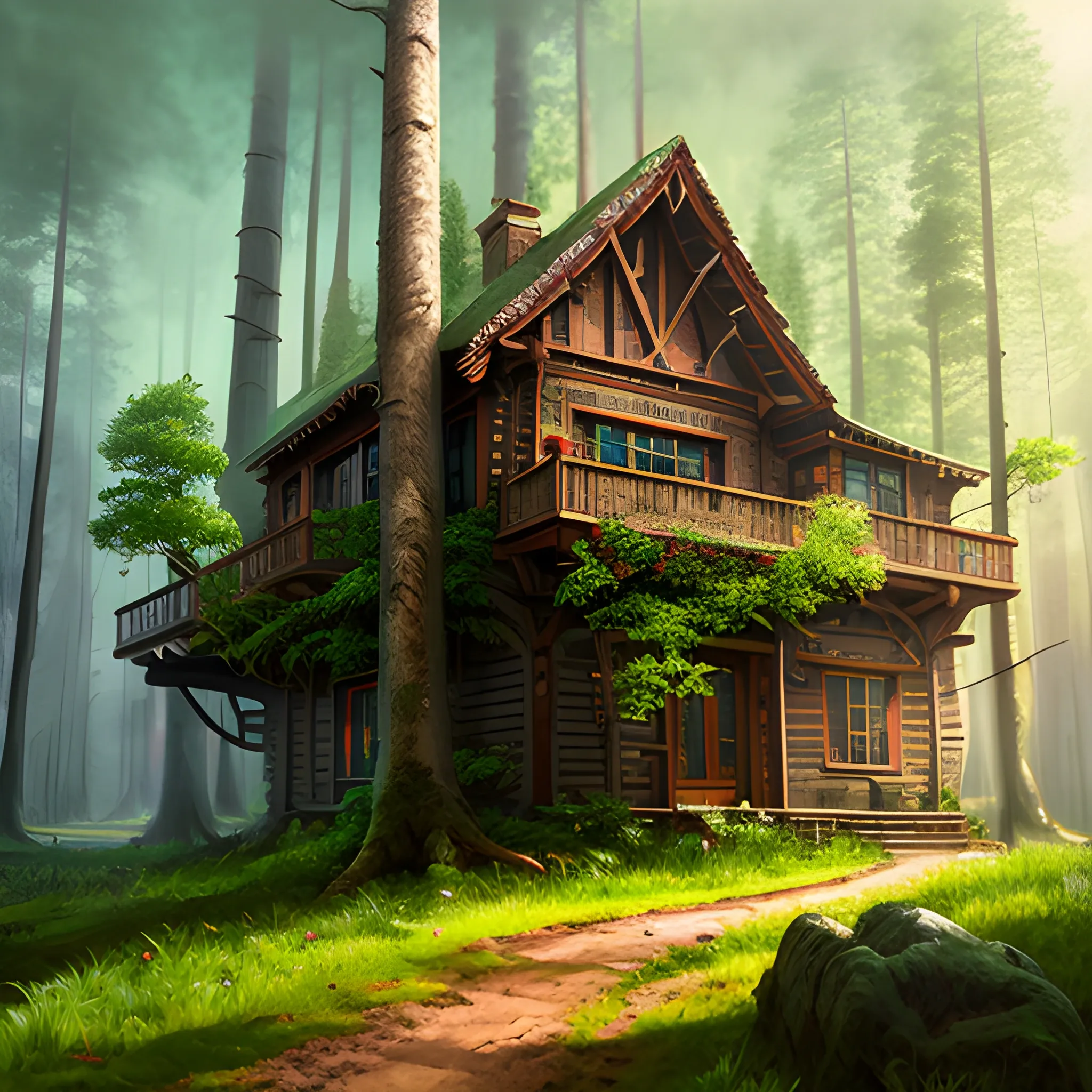 a small house in the middle of a forest, a detailed matte painting inspired by Vassily Maximov, cgsociety, photorealism, soft focus matte painting, photorealistic matte painting, 3d rendered matte painting, Water Color, Oil Painting, Water Color, Cartoon, Trippy, Cartoon, Cartoon