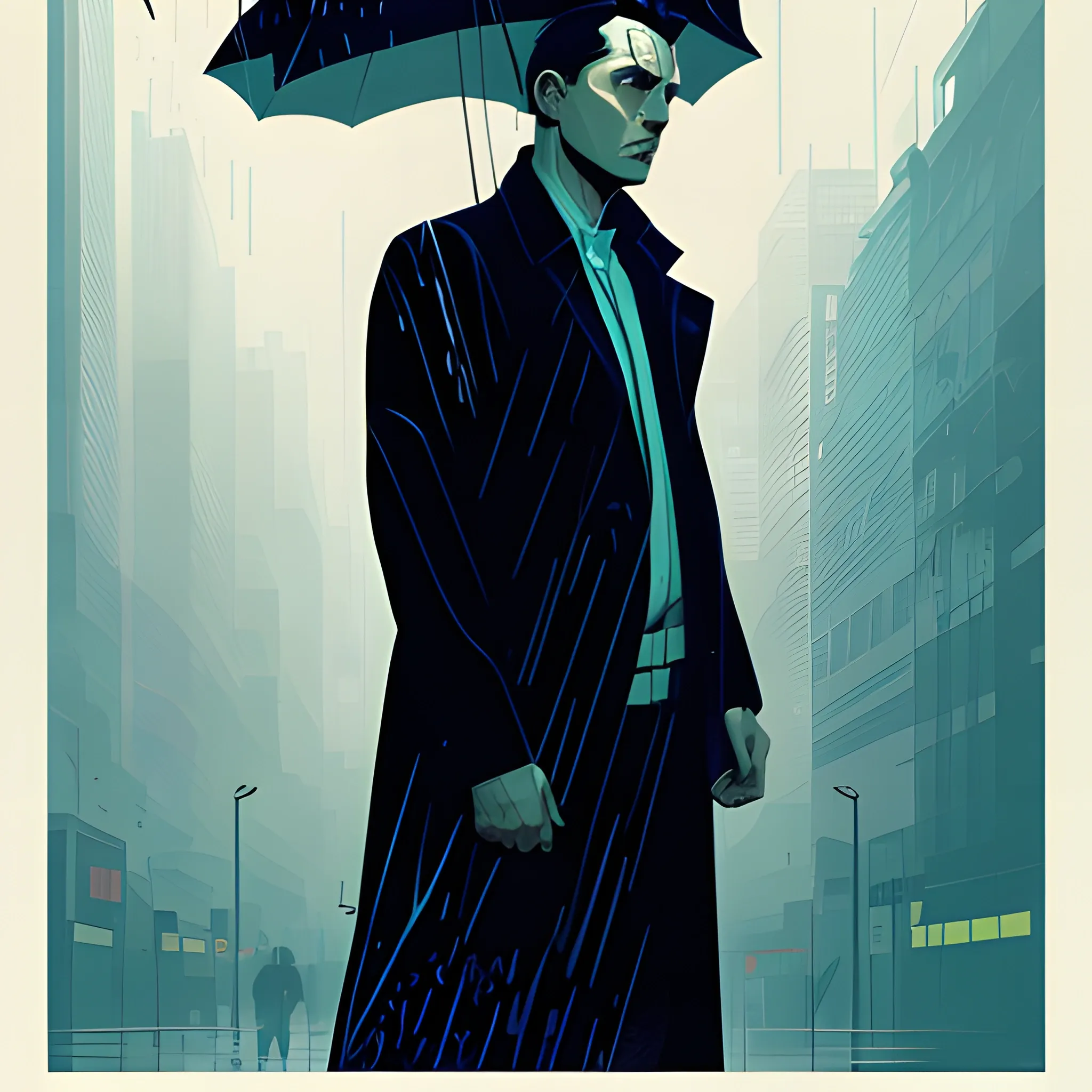 a man standing in the rain, poster art by Tomer Hanuka, cgsociety, digital art, martin ansin artwork portrait, martin ansin, cover art of graphic novel