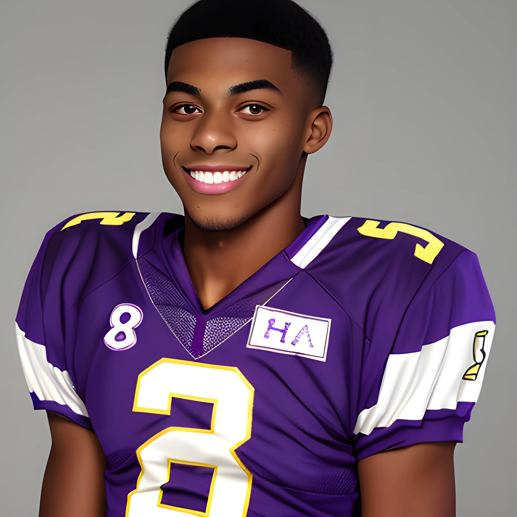 male, 21-year-old African American, short hair, slim face no beard, bright eyes, sharp chin, cornerback in a football team, one dimple, smile lines around the eyes, wearing a football jersey in silver and bright violet with a wolf logo and the number 8