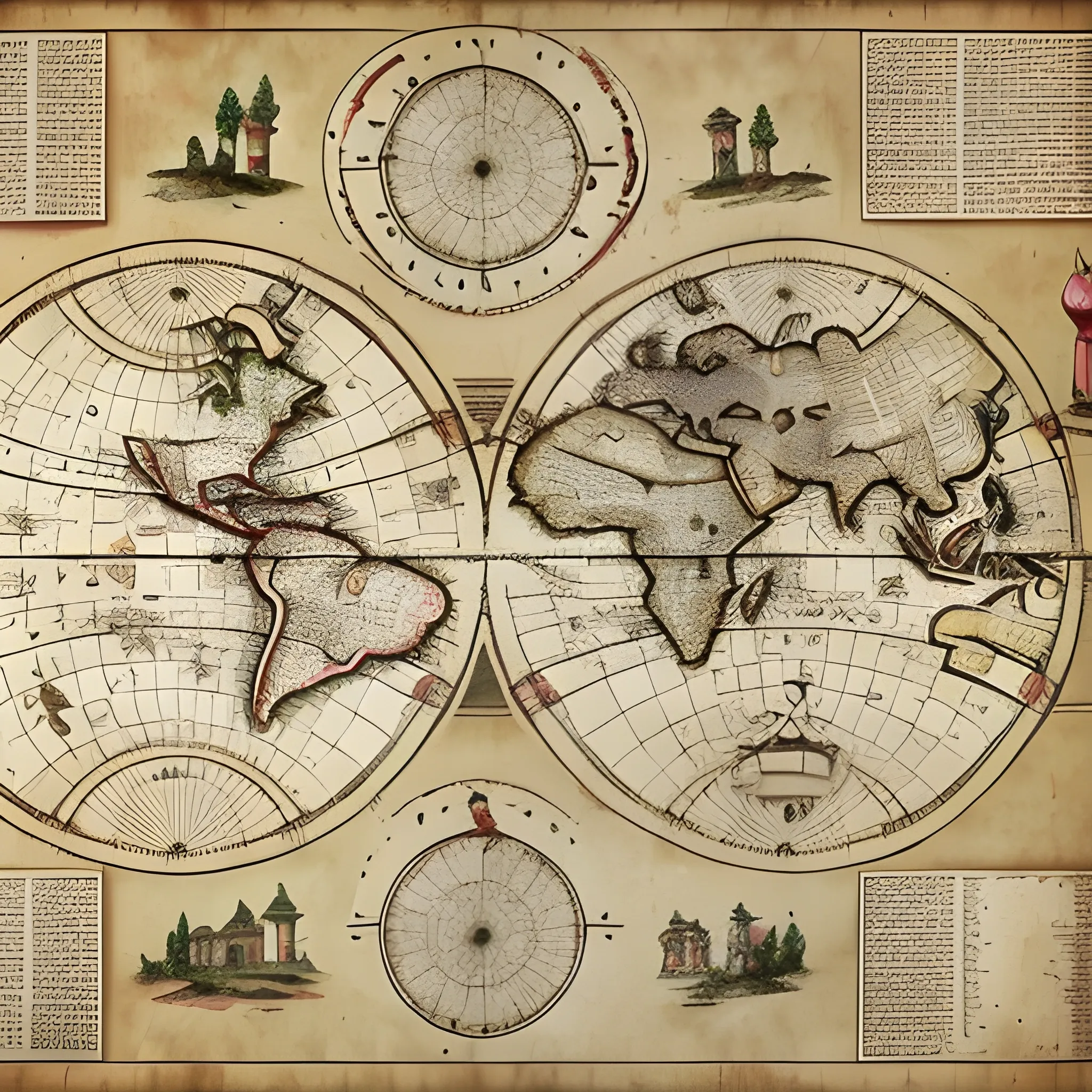 Genera un mapa del mundo como si fuese un mapa antiguo con un toque antiguo, realista, 4k