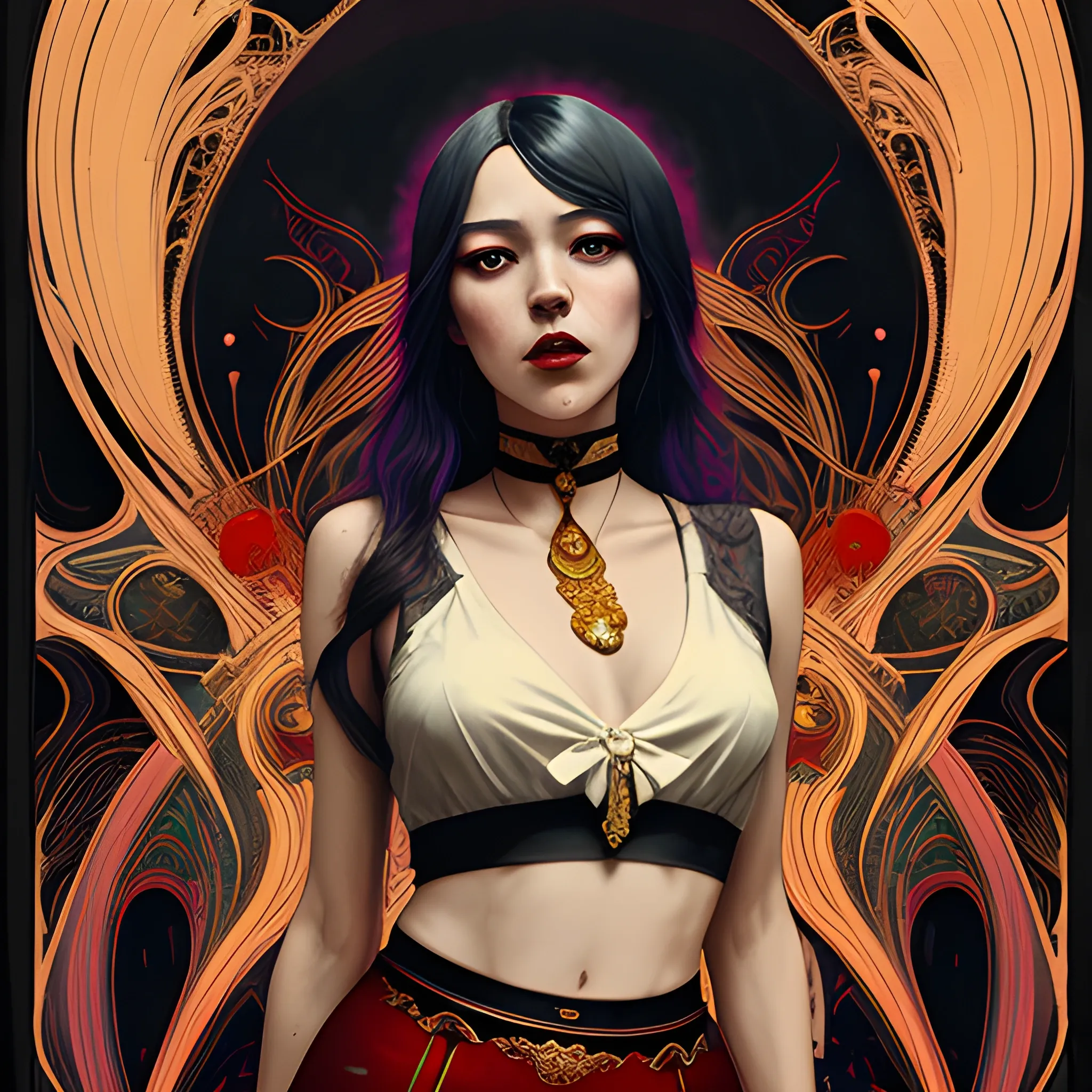 Art Nouveau painting, gold and red colors,  true aesthetics, stylish fashion shot of a beautiful living woman posing in front of a psychedelic art nouveau style. gothic style korean female, full figure, fit, ellegant tight white shirts, ties, miniskirts,  legs,  choker, long hair, classy,  big bossom, beautiful faces, manga eyes, same eyes, open mouth, dark wood with mystery lights in the background, art by Greg Rutkowski, acrylic, high contrast, colorful polychromatic, ultra detailed, ultra quality, CGSocietyHighly detailed, highest quality, 3D