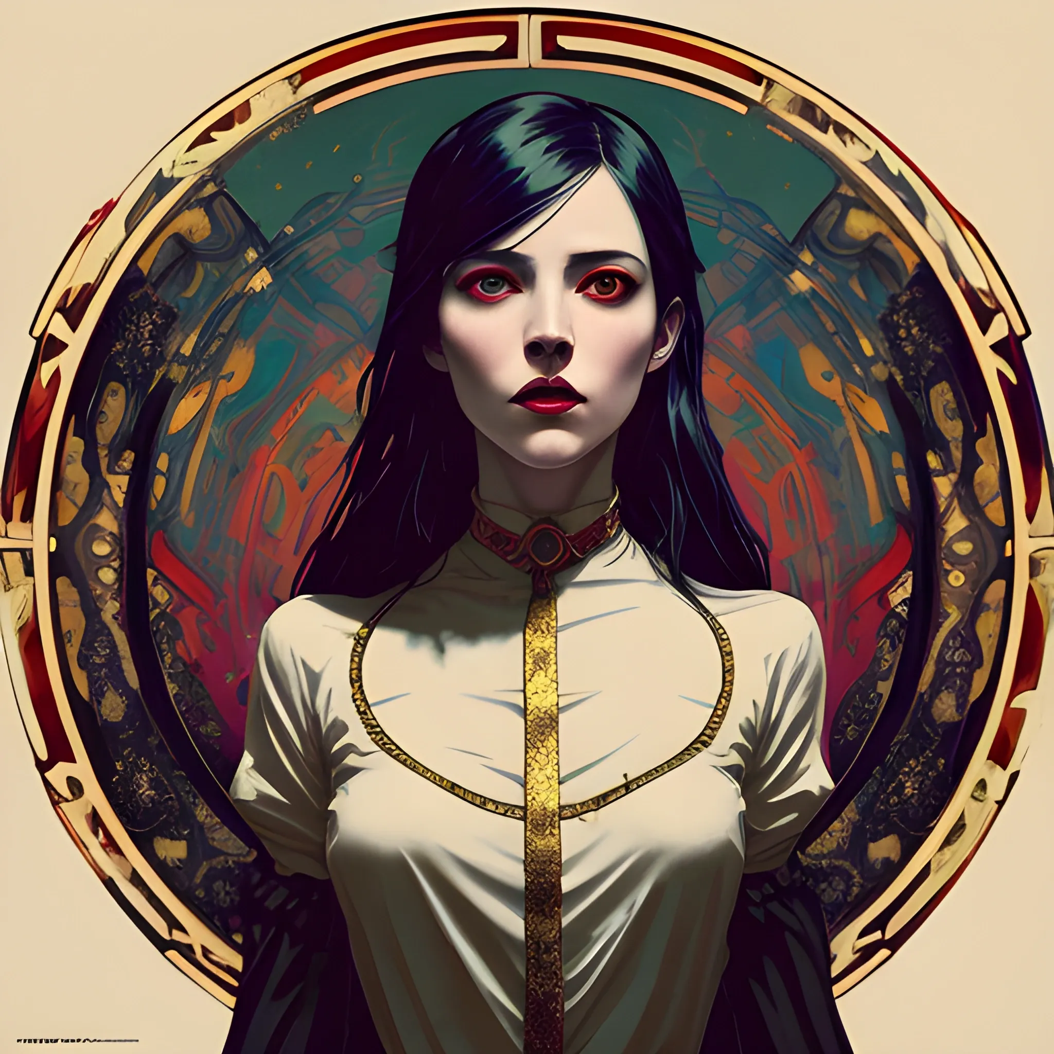 Art Nouveau painting, gold and red colors,  true aesthetics, stylish fashion shot of a beautiful living woman posing in front of a psychedelic art nouveau style. gothic style korean female, full figure, fit, ellegant tight white shirts, ties, miniskirts,  legs,  choker, long hair, classy,  big bossom, beautiful faces, manga eyes, same eyes, open mouth, dark wood with mystery lights in the background, art by Greg Rutkowski, acrylic, high contrast, colorful polychromatic, ultra detailed, ultra quality, CGSocietyHighly detailed, highest quality, 3D