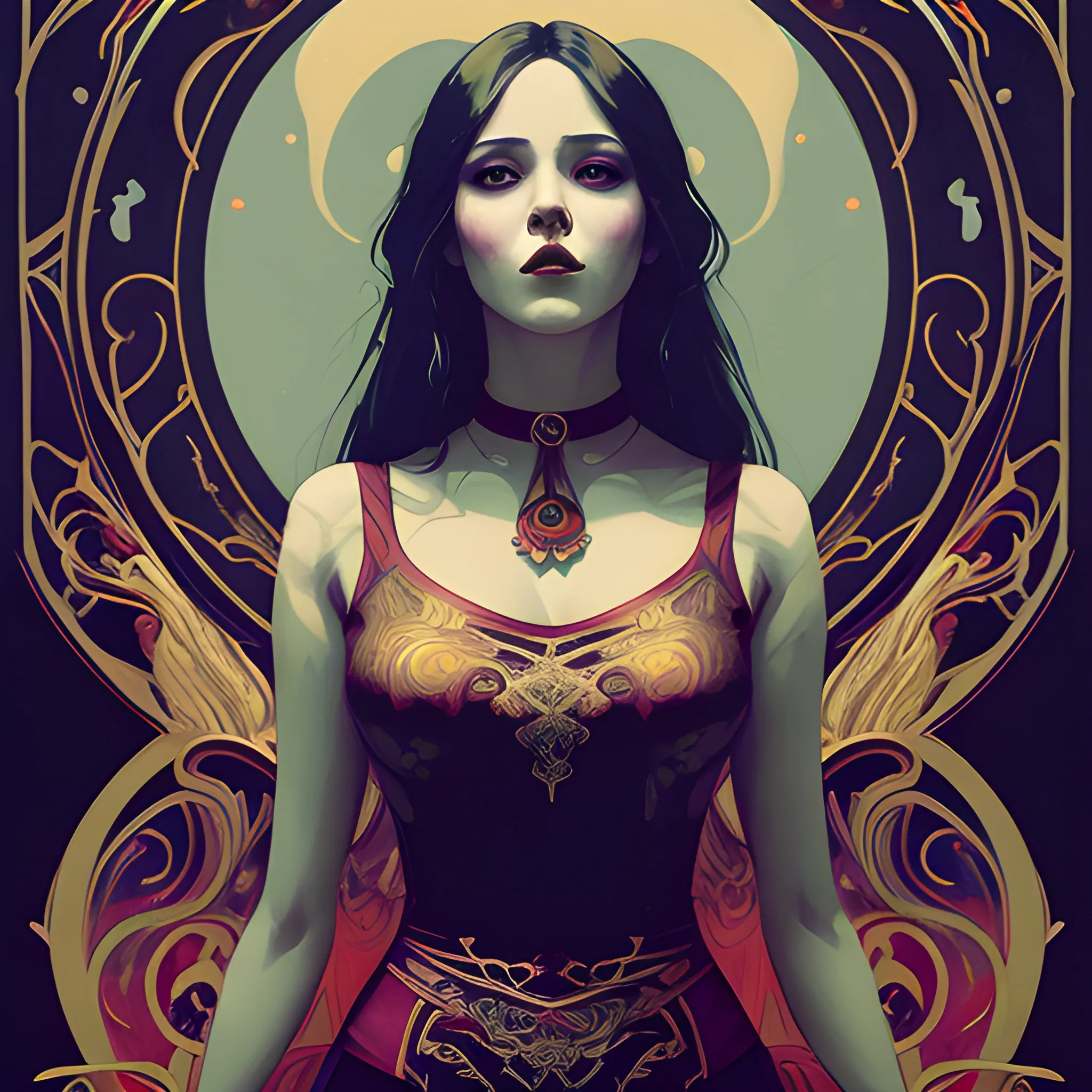 Art Nouveau painting, gold and red colors,  true aesthetics, stylish fashion shot of a beautiful living woman posing in front of a psychedelic art nouveau style. gothic style korean female, full figure, fit, ellegant tight white shirts, ties, miniskirts,  legs,  choker, long hair, classy,  big bossom, beautiful faces, manga eyes, same eyes, open mouth, dark wood with mystery lights in the background, art by Greg Rutkowski, acrylic, high contrast, colorful polychromatic, ultra detailed, ultra quality, CGSocietyHighly detailed, highest quality, 3D