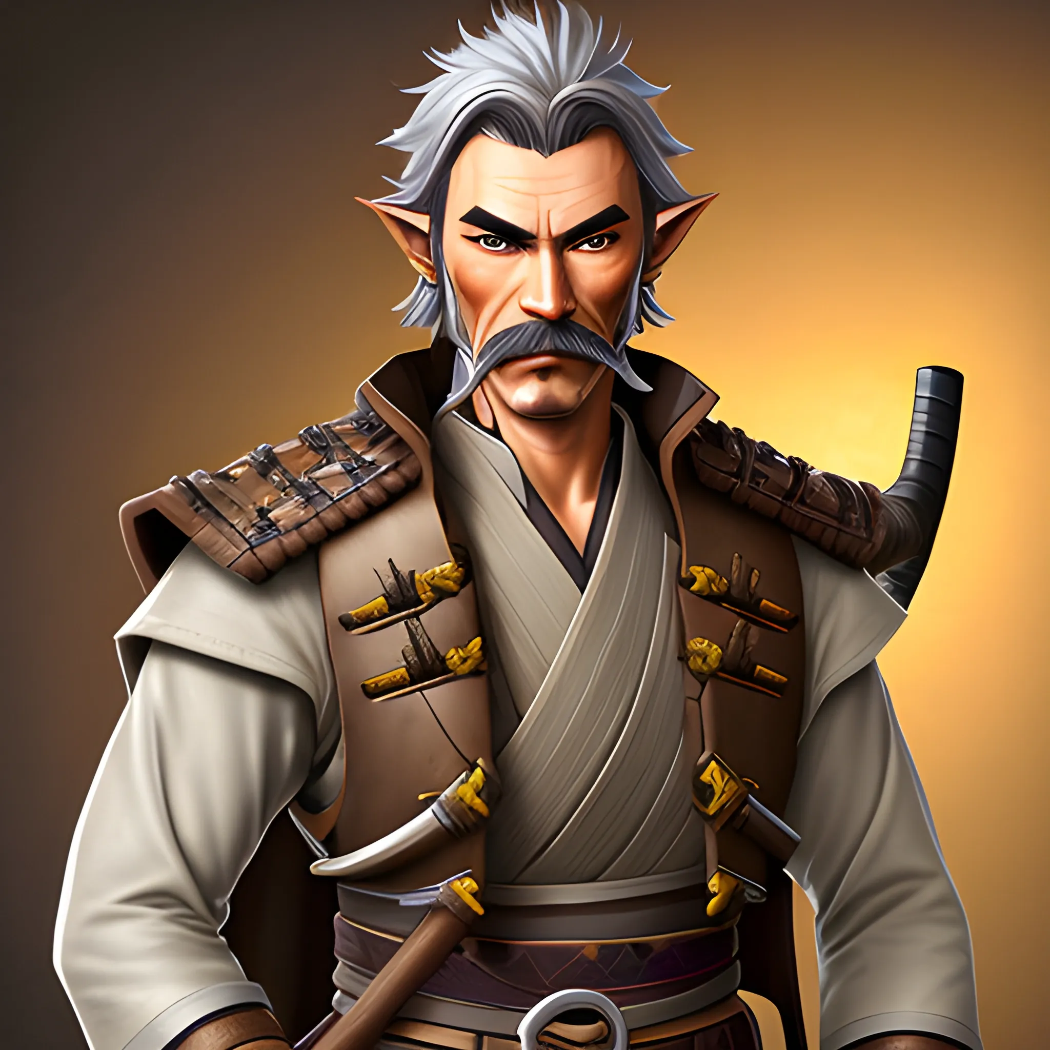  a Samurai Fighter in 5E and is a Wood Elf with dark brown hairs relatively tan skin, and silver eyes. He wears a worn leather duster over a vest with a white shirt and tie (much like the portrait) and has a handlebar mustache,He carries a rifle with veins of glowing red crystal running through it
