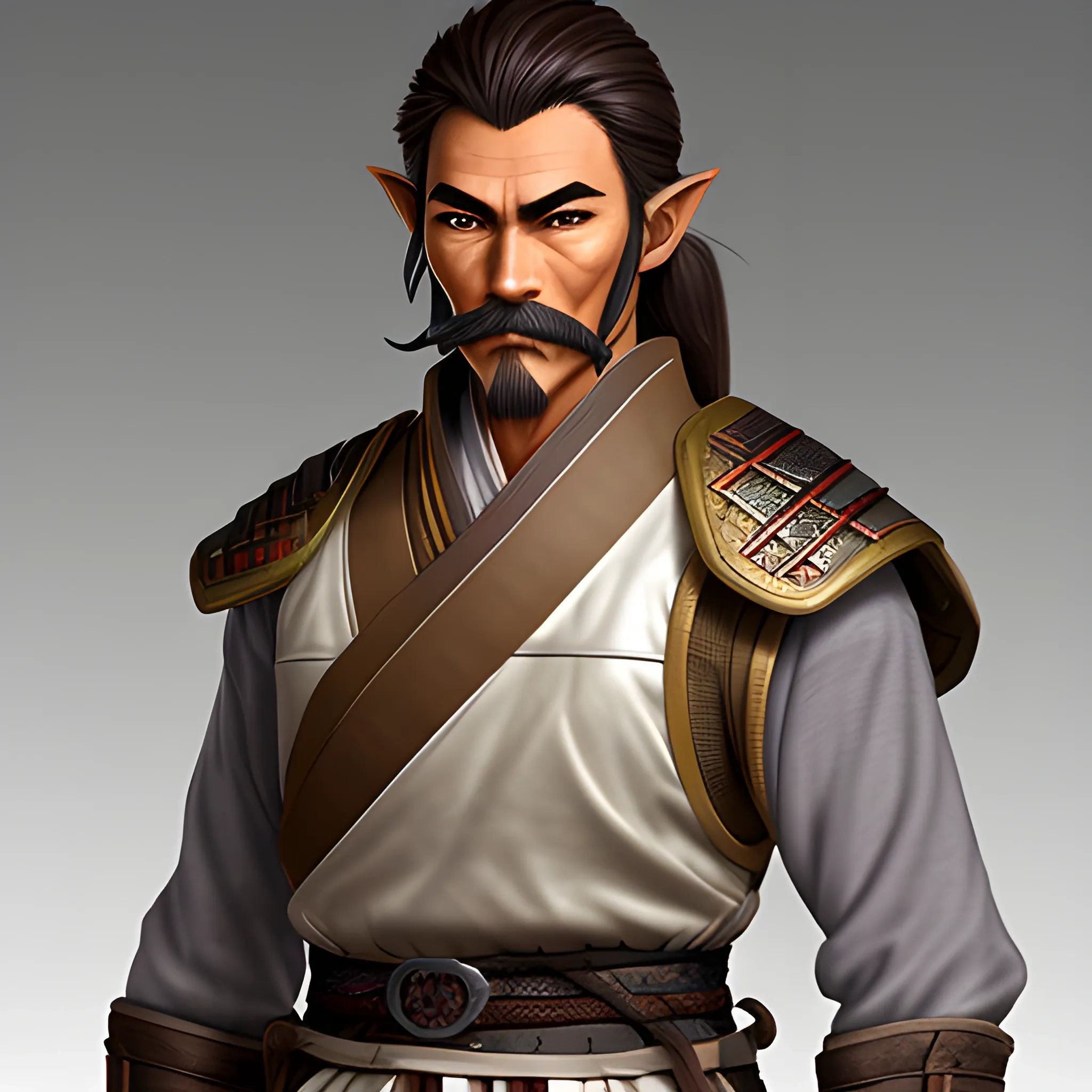  a Samurai Fighter in 5E and is a Wood Elf with dark brown hairs relatively tan skin, and silver eyes. He wears a worn leather duster over a vest with a white shirt and tie (much like the portrait) and has a handlebar mustache,He carries a rifle with veins of glowing red crystal running through it, Trippy