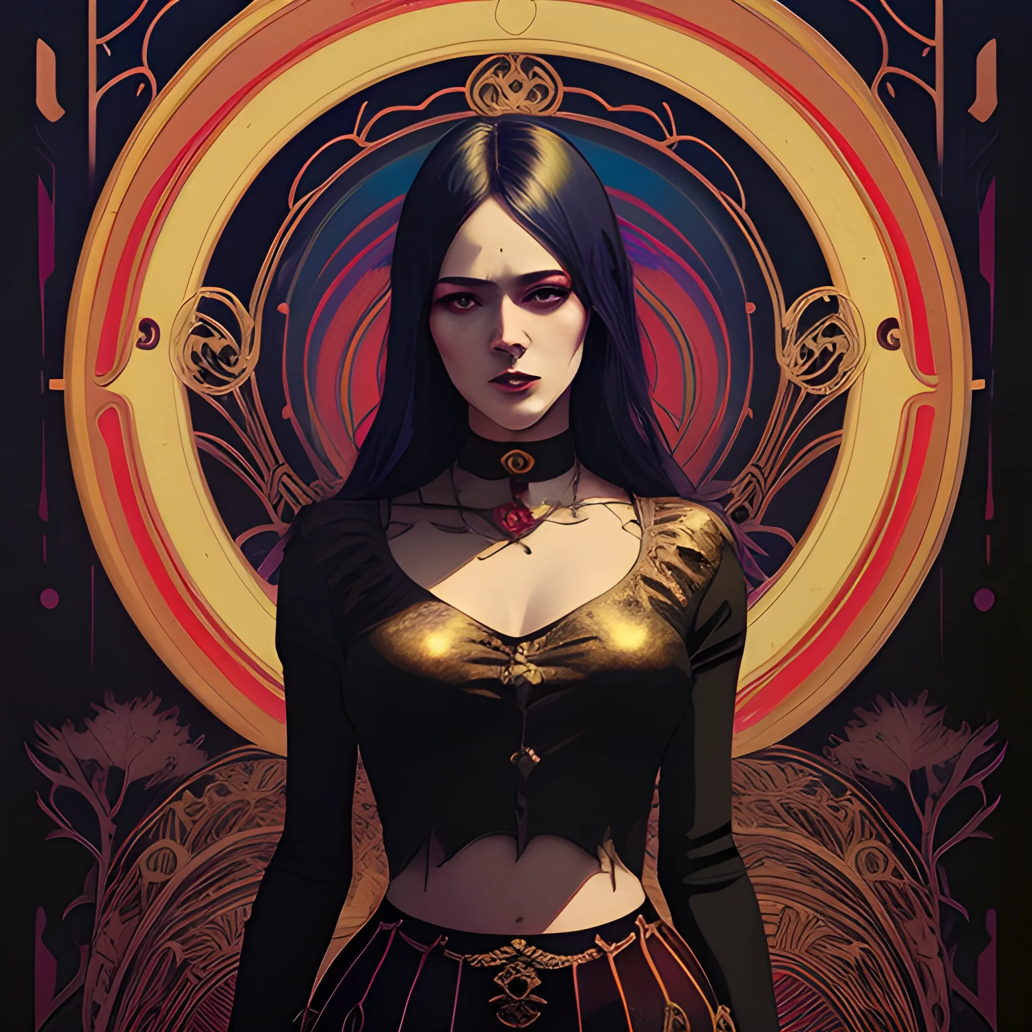 Art Nouveau painting, gold and red colors,  true aesthetics, stylish fashion shot of a beautiful living woman posing in front of a psychedelic art nouveau style. gothic style korean female, full figure, fit, ellegant tight shirts, miniskirts,  legs,  choker, long hair, classy,  big bossom, beautiful faces, manga eyes, same eyes, open mouth, dark wood with mystery lights in the background, art by Greg Rutkowski, acrylic, high contrast, colorful polychromatic, ultra detailed, ultra quality, CGSocietyHighly detailed, highest quality, 3D