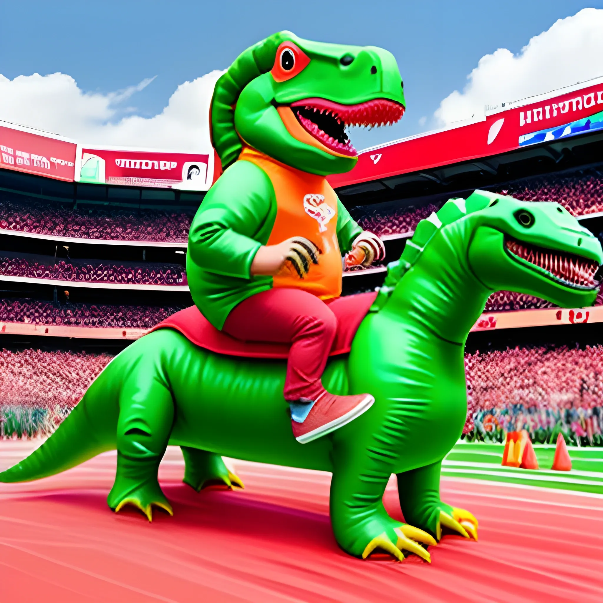 Hyper realistic baker mayfield riding a dinosaur wearing an inflatable dinosaur costume