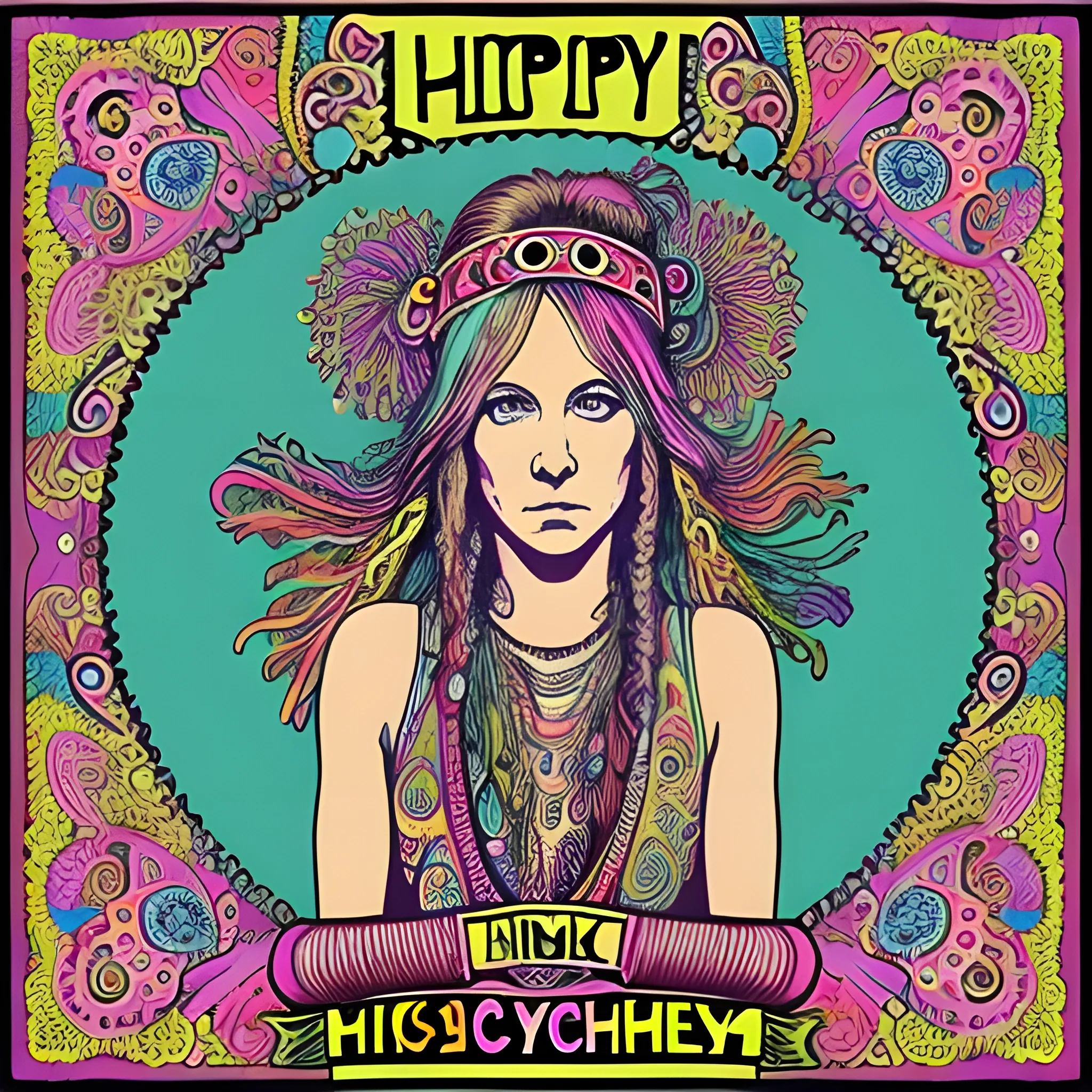 music album cover, hippy chick, paisley