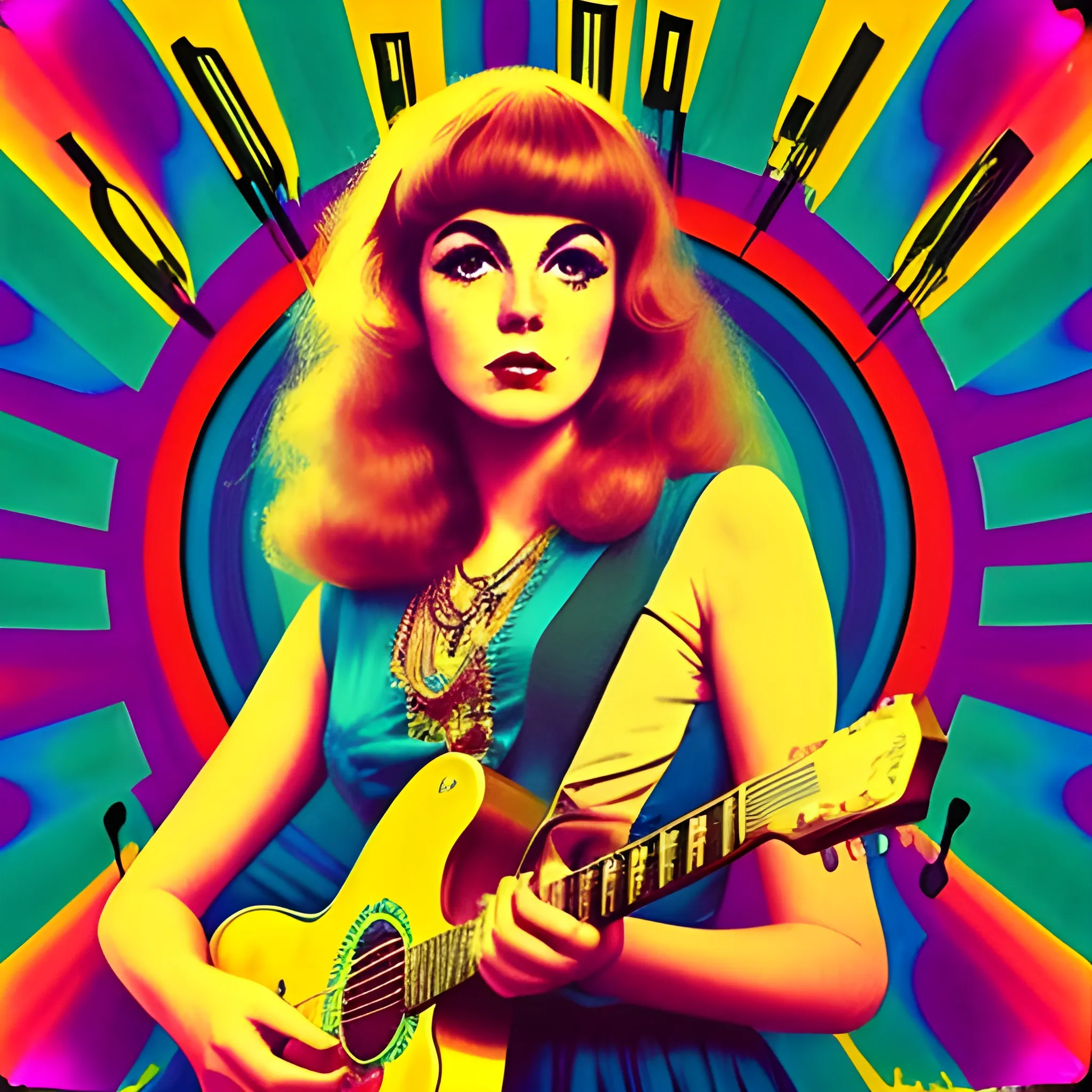 1960's, music album cover, hippy chick, psychedelic, guitar