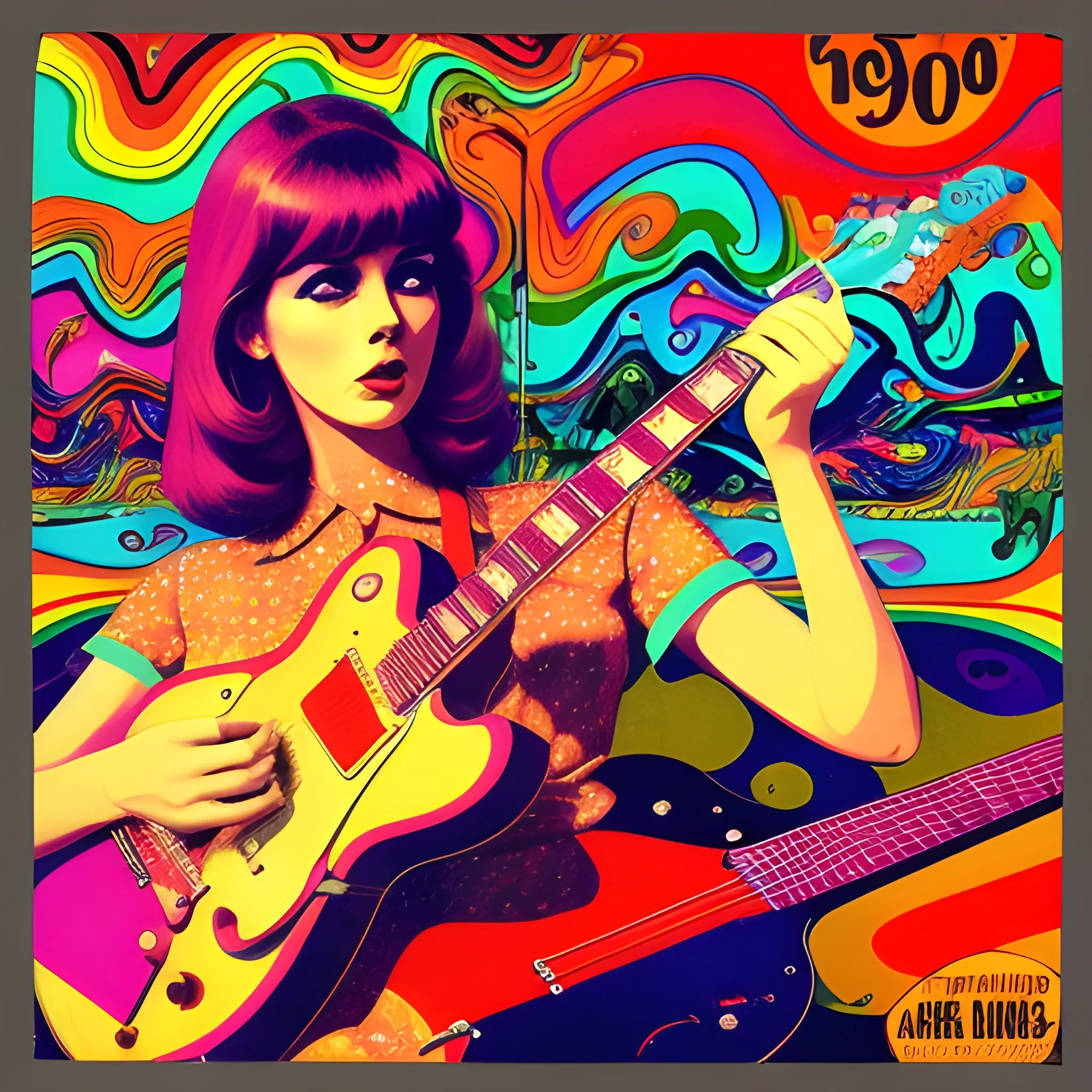 1960's, music album cover, female, psychedelic, guitar