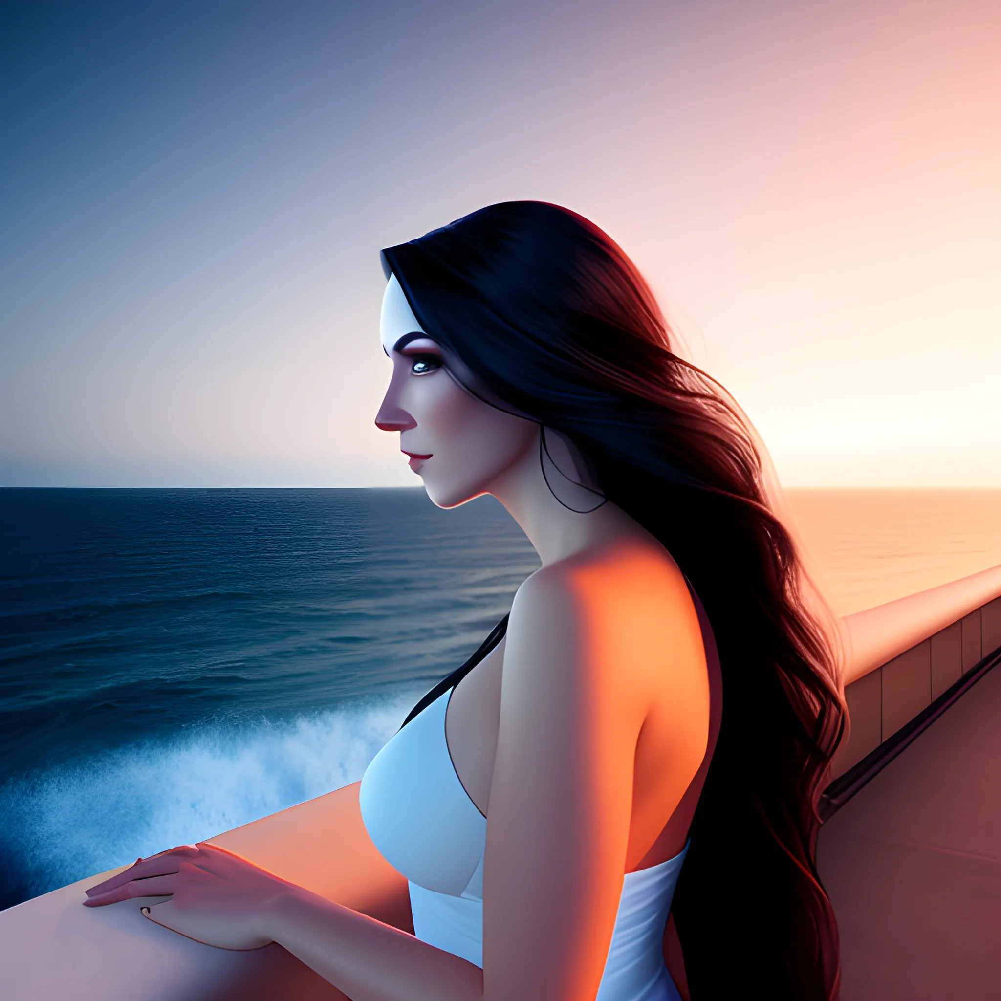A very beautiful girl with long dark hair looking at the sea at night, photorealistic, high quality photography