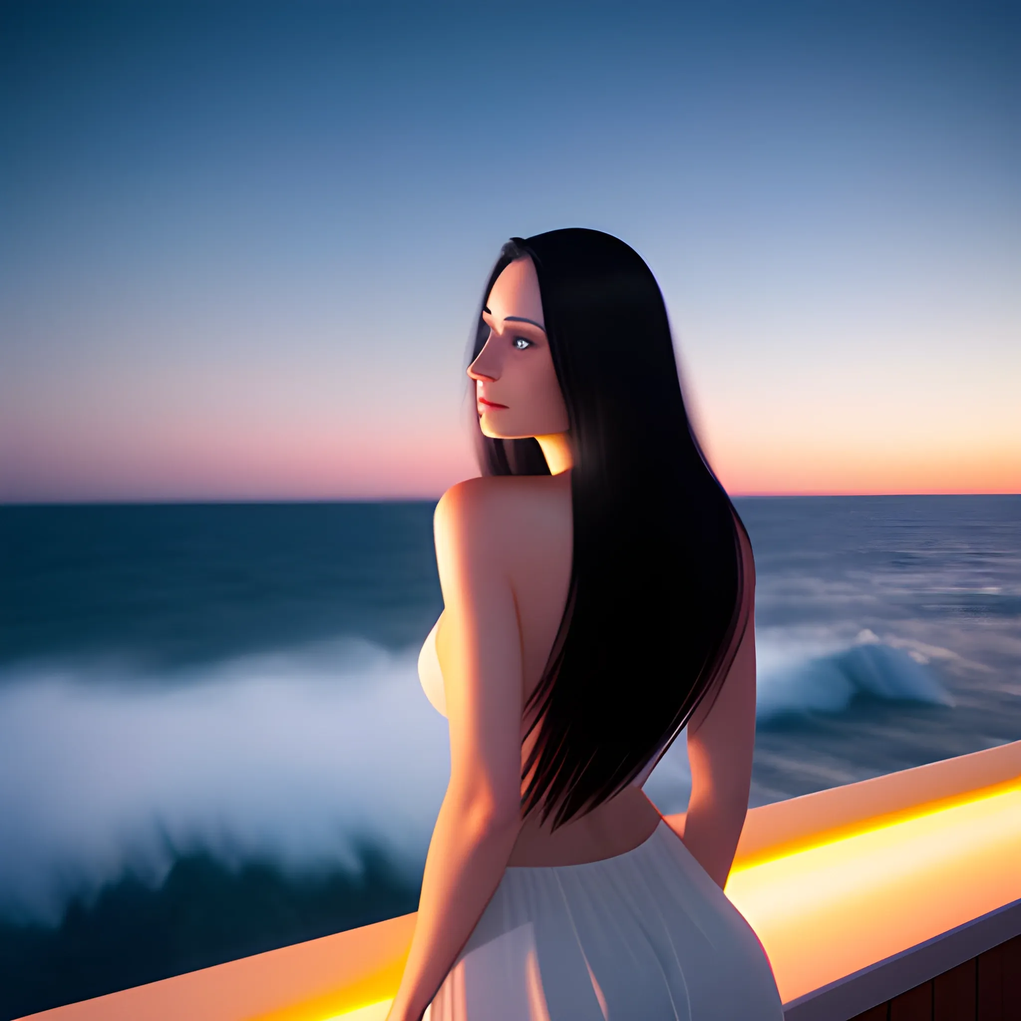 A very beautiful girl with long dark hair looking at the sea at night, photorealistic, high quality photography