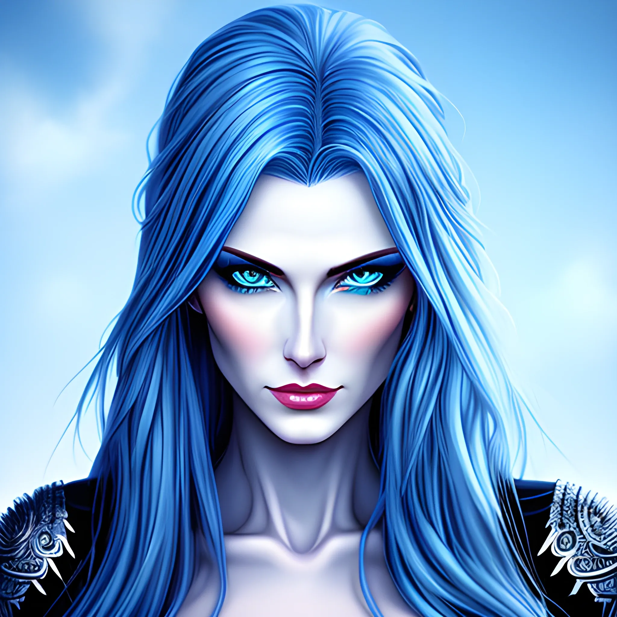 Beautiful girl with blue eyes, high detail, blue scene, hauntingly beautiful illustration, 3D