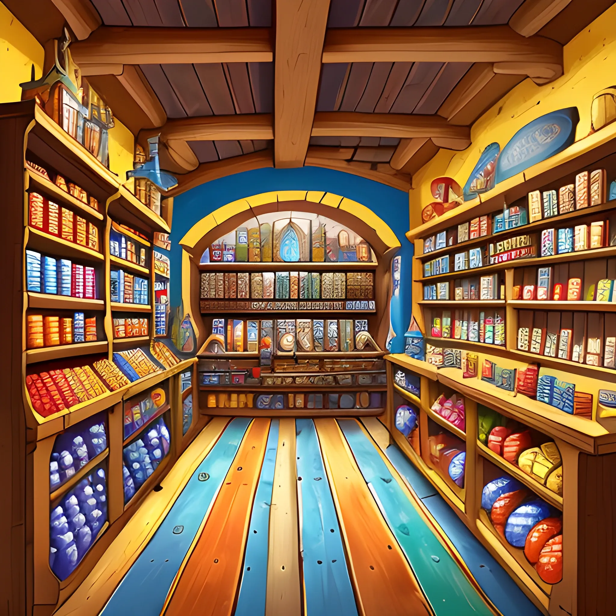 A vibrant medieval European shop without the shopkeeper, serving as a background for a naval-themed game event shop, featuring shelves stacked high with maritime goods, bright daylight casting colorful reflections on the items, a sense of excitement and prosperity, Illustration, digital art using Adobe Illustrator with a focus on color and detail, --ar 16:9 --v 5