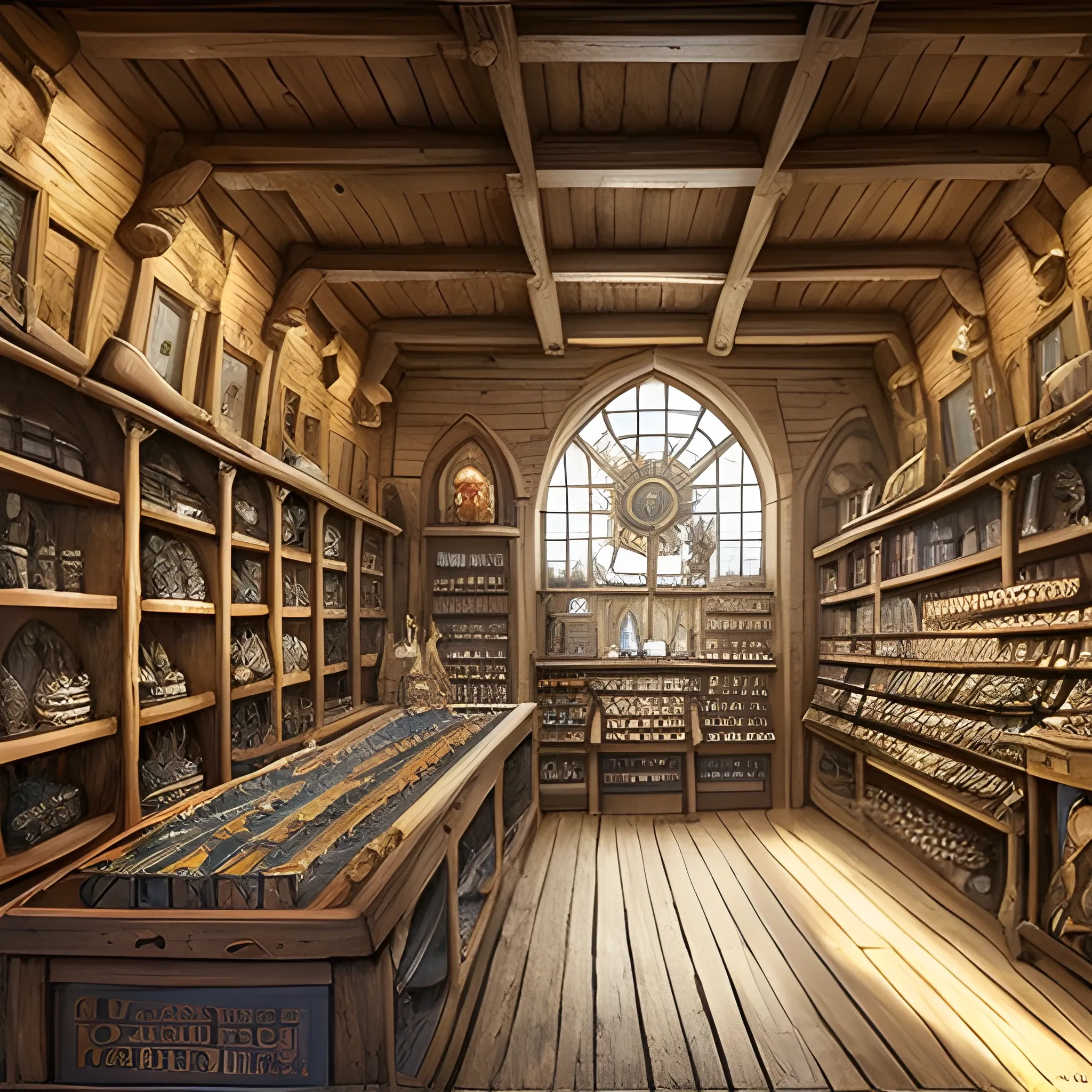 A bright medieval European shop without the shopkeeper, serving as a background for a naval-themed game event shop, showcasing wooden shelves filled to the brim with nautical items, sunlight streaming in through the windows illuminating the scene, a sense of adventure and abundance, Artwork, oil painting on canvas with a focus on texture and detail, --ar 16:9 --v 5