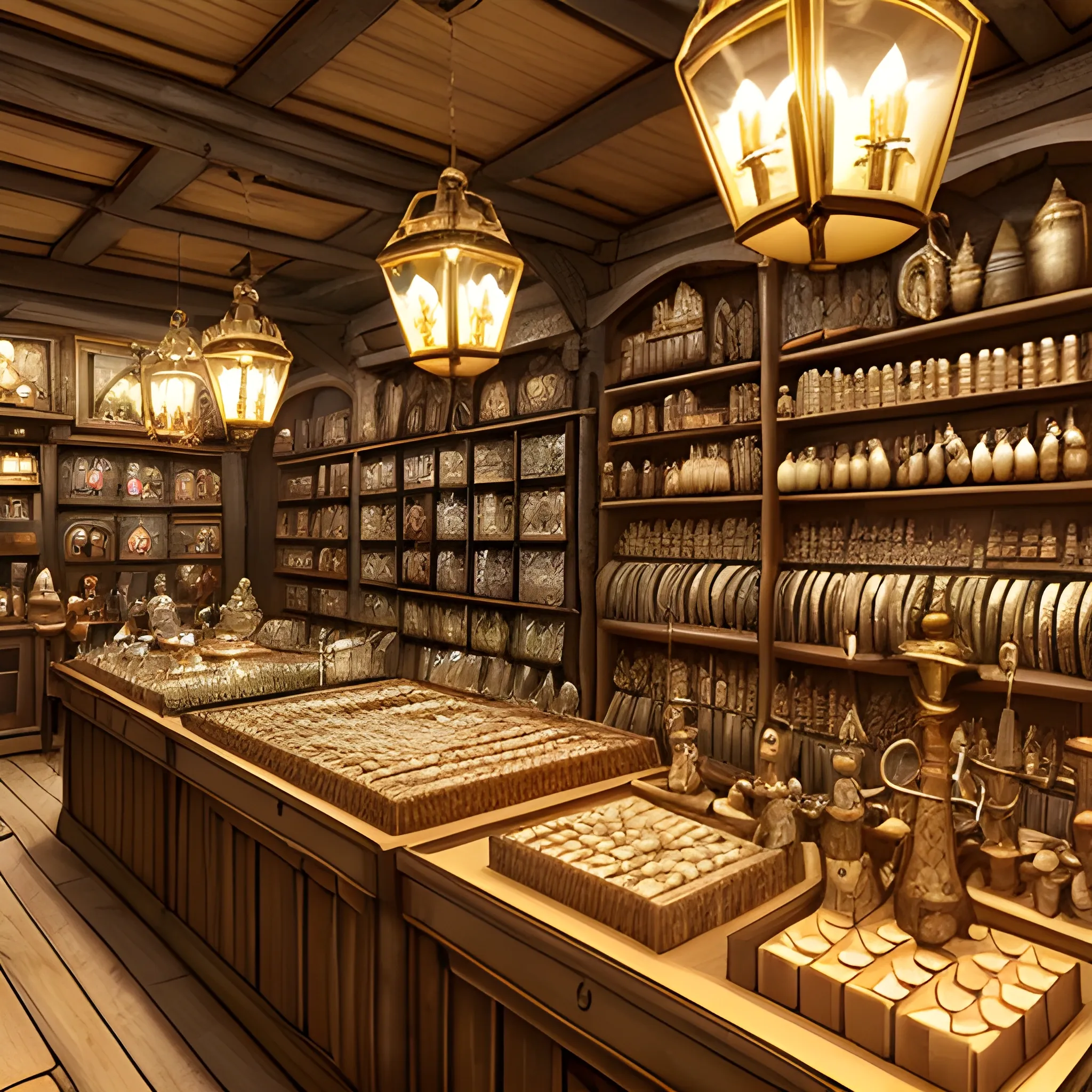 A bustling medieval European shop without the shopkeeper, serving as a background for a naval-themed game event shop, showcasing neatly arranged shelves filled with nautical items, warm candlelight casting a golden glow on the scene, a sense of wealth and opulence, 2.5D Artwork, created using a 3D modeling software with a focus on light and shadow, --ar 1:1 --v 5