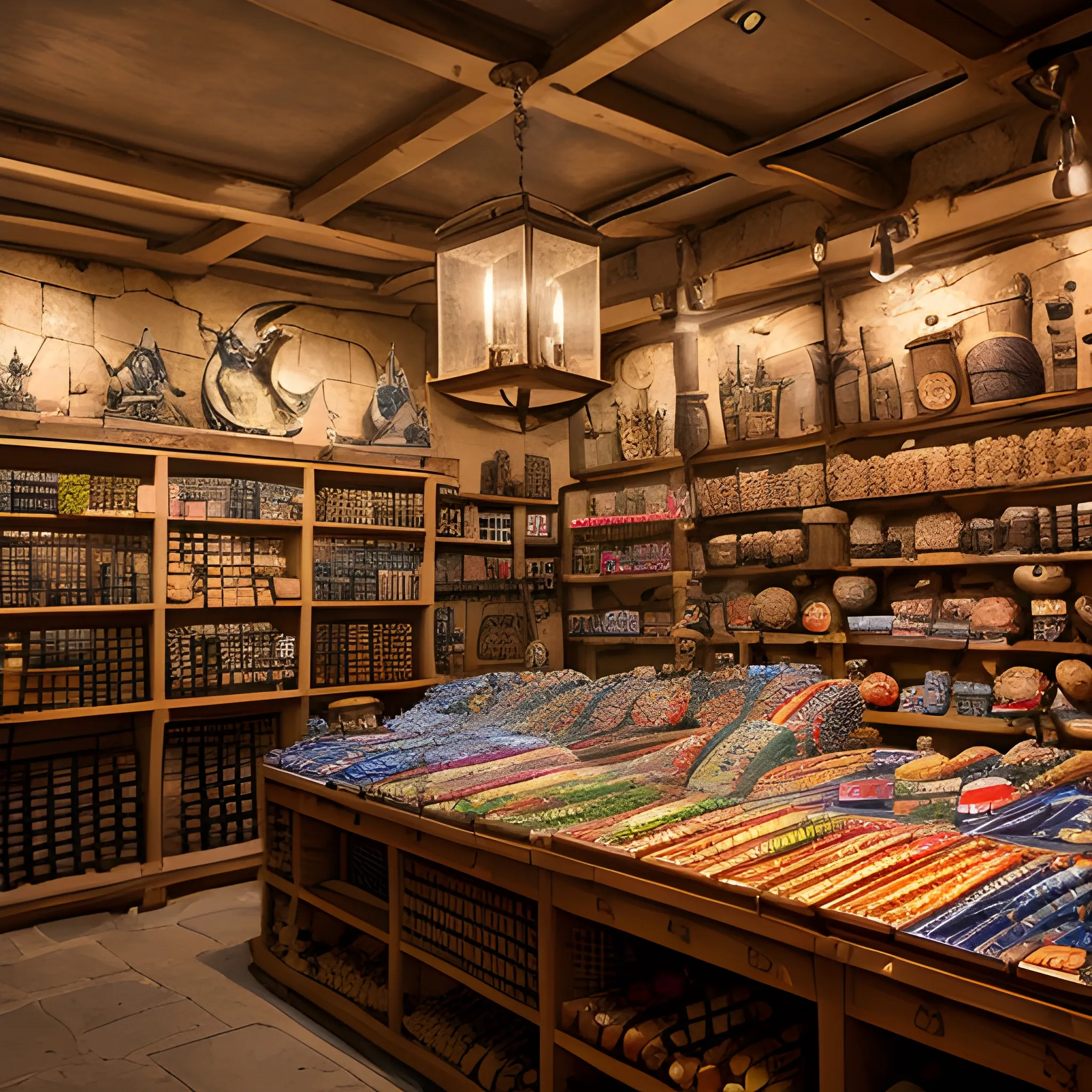 A radiant medieval European shop without the shopkeeper, serving as a background for a naval-themed game event shop, featuring shelves overflowing with exotic maritime goods, bright lanterns illuminating the scene creating a sense of intrigue, a feeling of mystery and abundance, Photography, shot with a Nikon D850 with a 24-70mm lens, --ar 16:9 --v 5