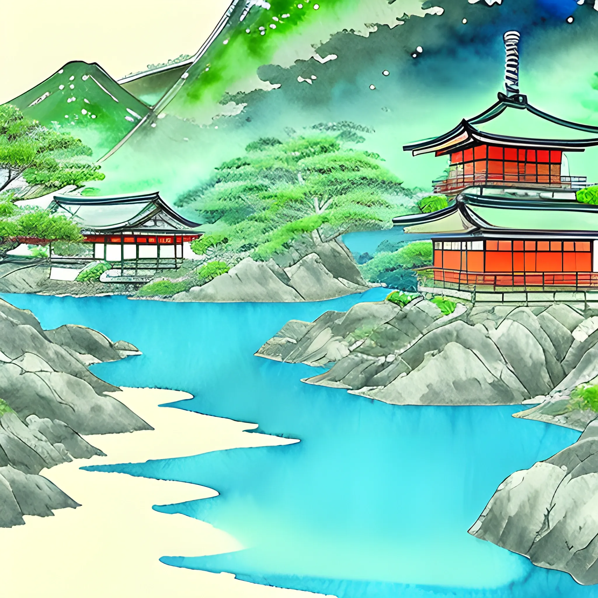 generate japanese landscape , Water Color