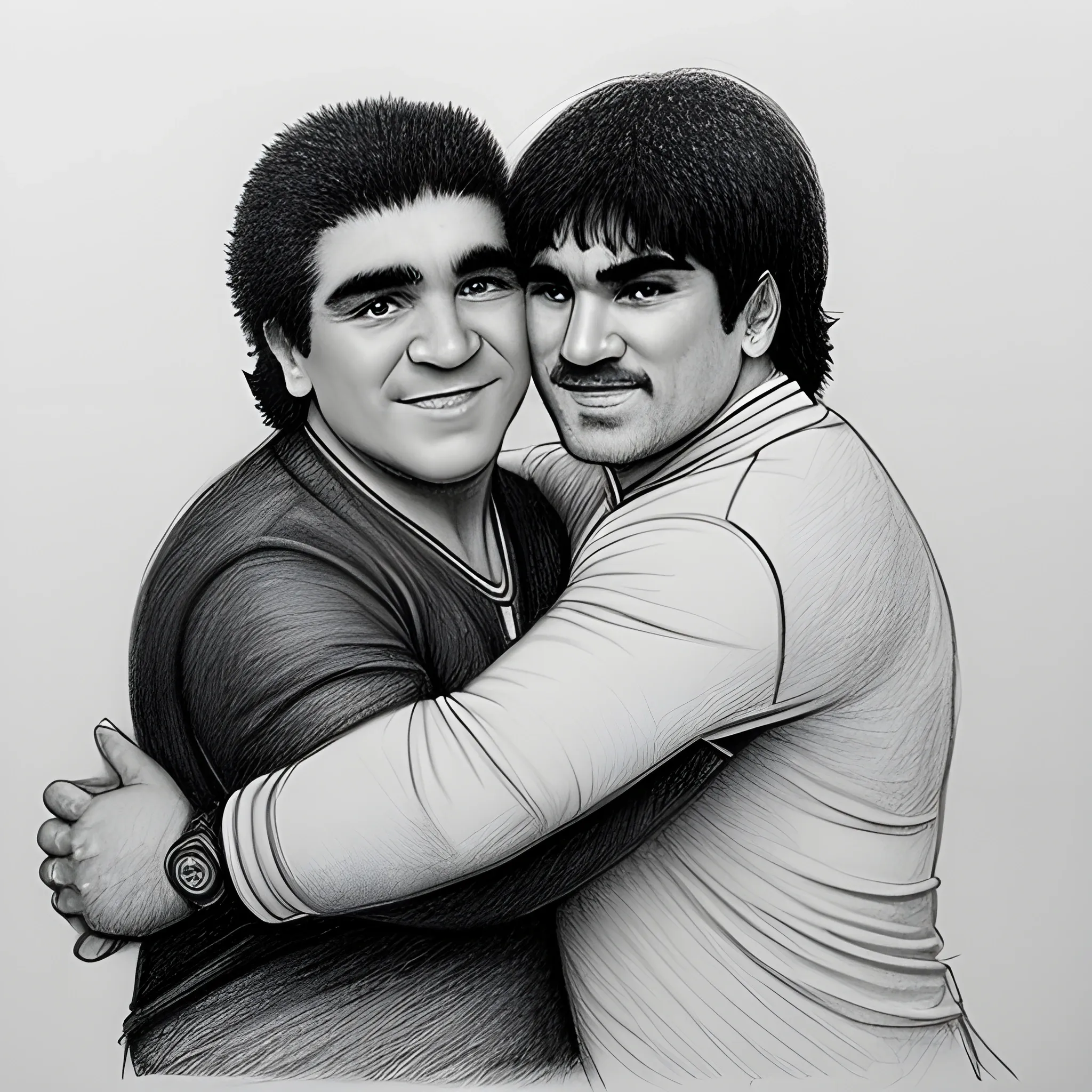 generate a man that hug maradona and san gennaro , Pencil Sketch