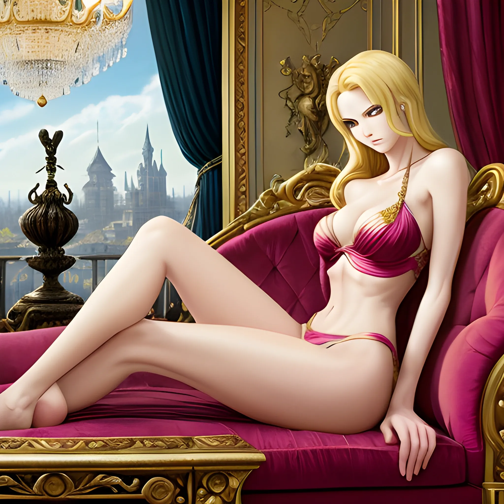 A seductive, mature beauty inspired by One Piece's Hancock and Robin, showcasing a blonde woman with a large bust, long legs, and a bare midriff, lounging on a luxurious chaise lounge, set against a lavish mansion backdrop with velvet curtains and crystal chandeliers, a sense of opulence and desire, Artwork, oil painting on canvas with a focus on texture and light, --ar 16:9 --v 5