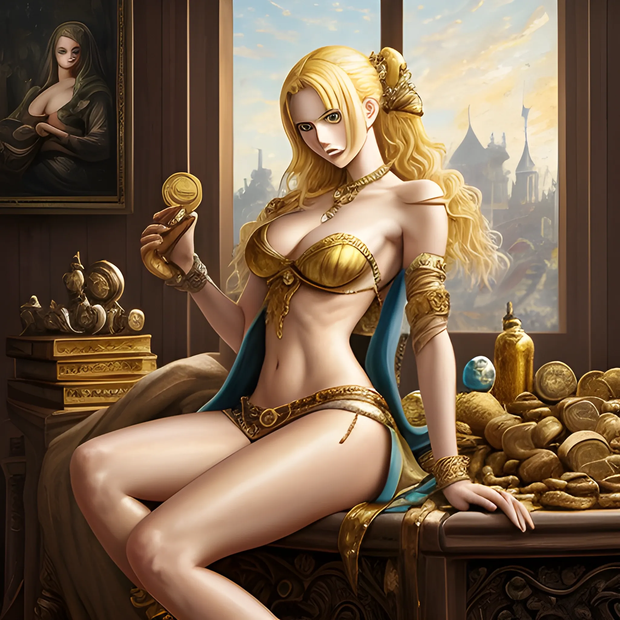 A seductive, mature beauty inspired by One Piece's Hancock and Robin, set in the European medieval age of exploration, showcasing a blonde woman with a large bust, long legs, and a bare midriff, lounging on a pile of treasure in a ship's hold, set against a backdrop of gold coins and precious gems, a sense of opulence and desire, Artwork, oil painting on canvas with a focus on texture and light, --ar 16:9 --v 5