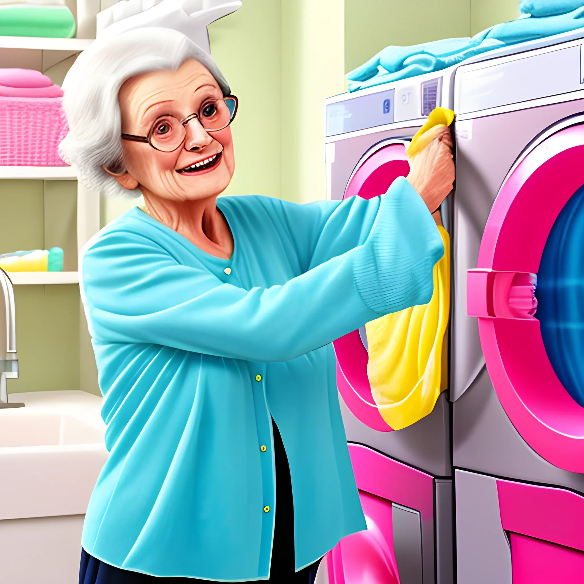 Create a label for a clothes detergent featuring a modern, whimsical old lady persuading to do laundry. use saturated bright colours., Cartoon