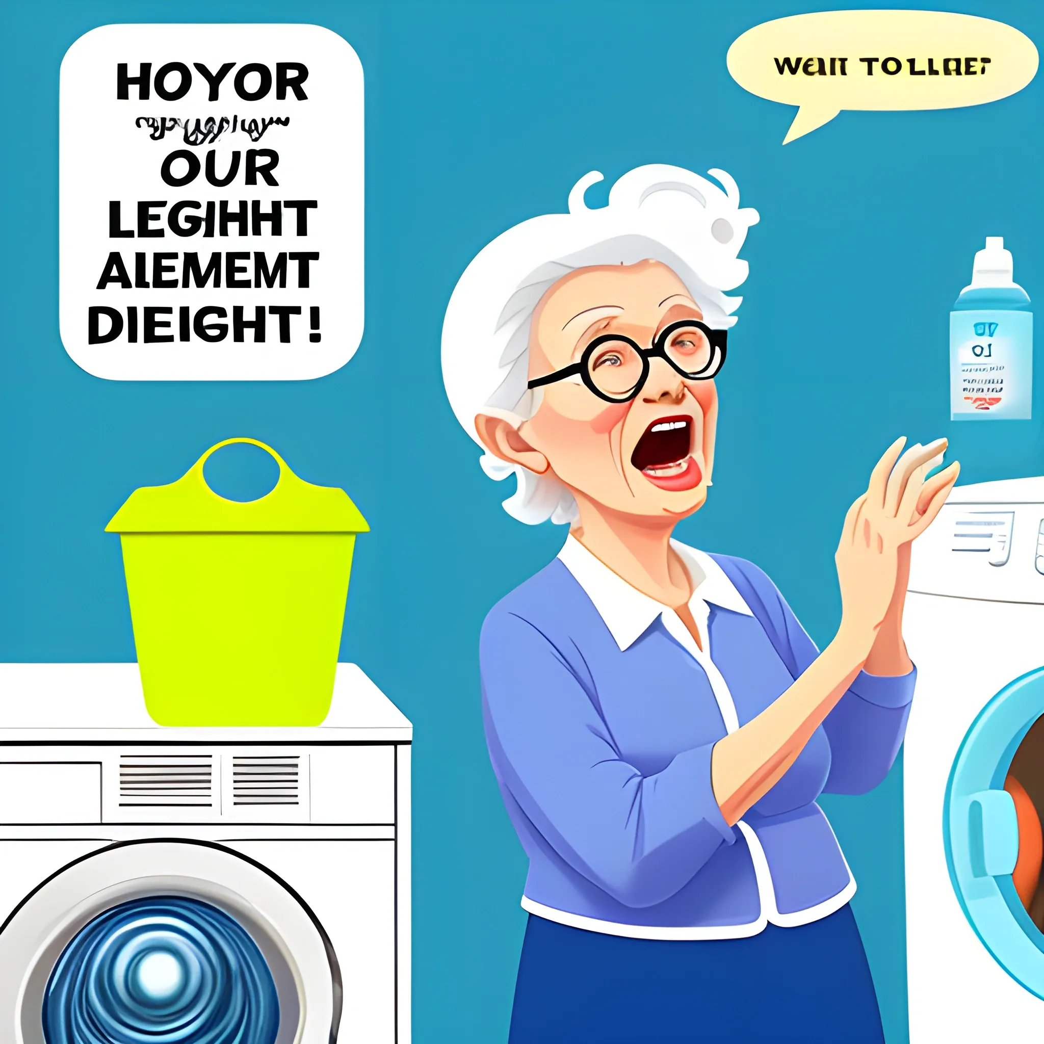 Create a label for a clothes detergent featuring a modern, whimsical old lady yelling to do laundry. use saturated bright colours., Cartoon, solid background.
