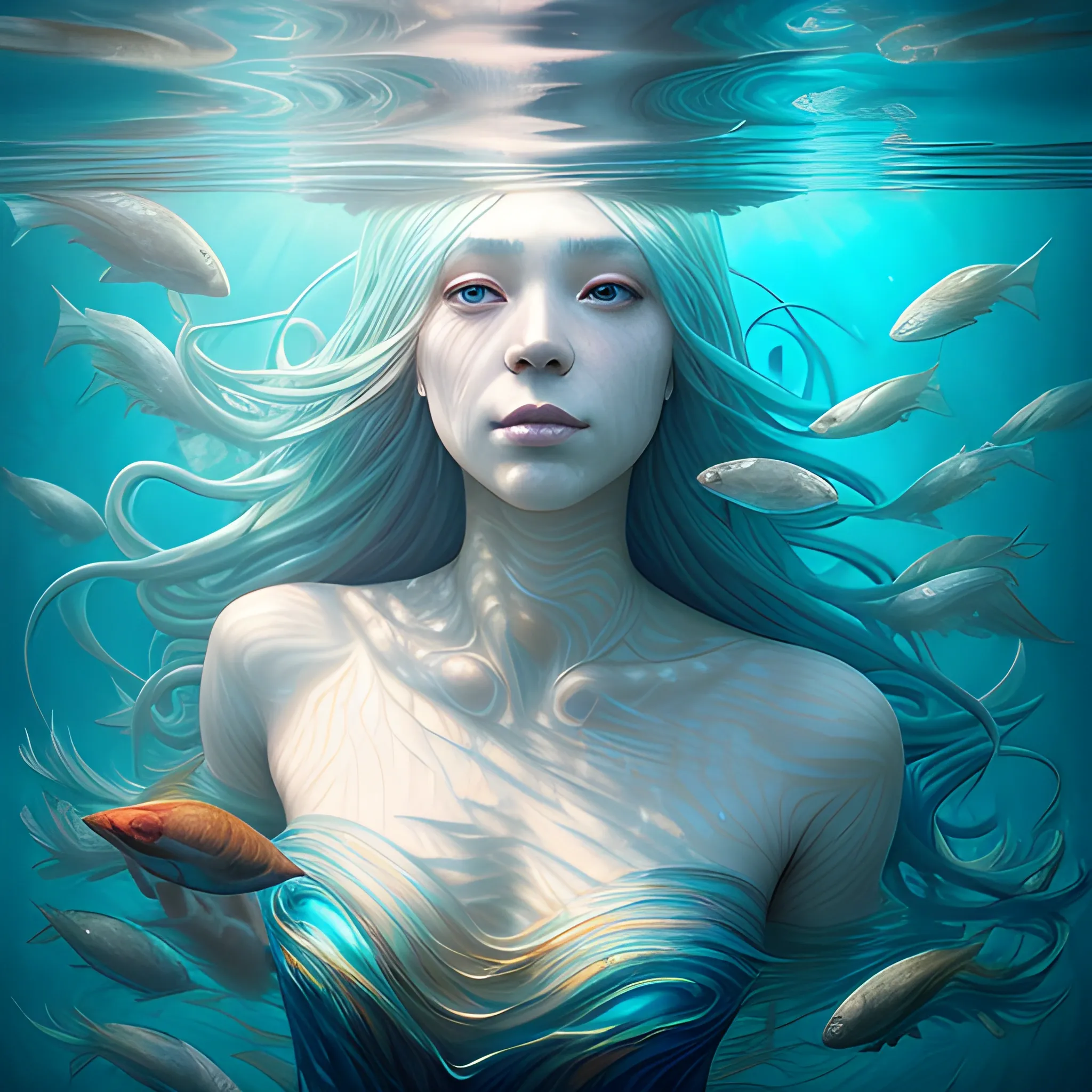 Surrealism painting of a beautiful woman in a long dress submerged in underwater with fish and sunlight, by Ross Tran, part by Tokio Aoyama, ultra realistic, highly detailed, hypermaximalist, pastel colours, epic, masterpiece, dramatic lighting, fractals, 8 k, depth of field, Oil Painting