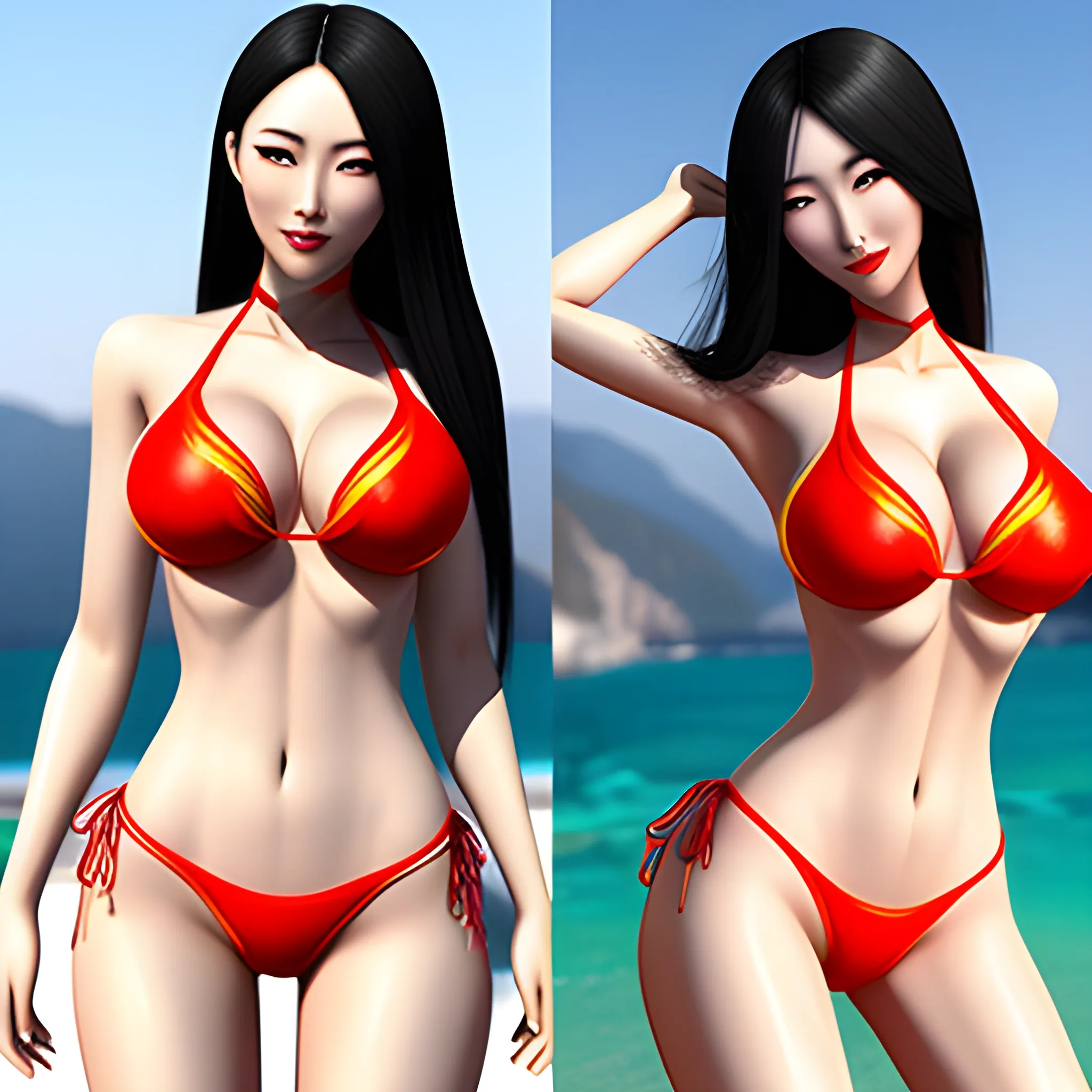 Beautiful Chinese woman wearing bikini and young, 3D