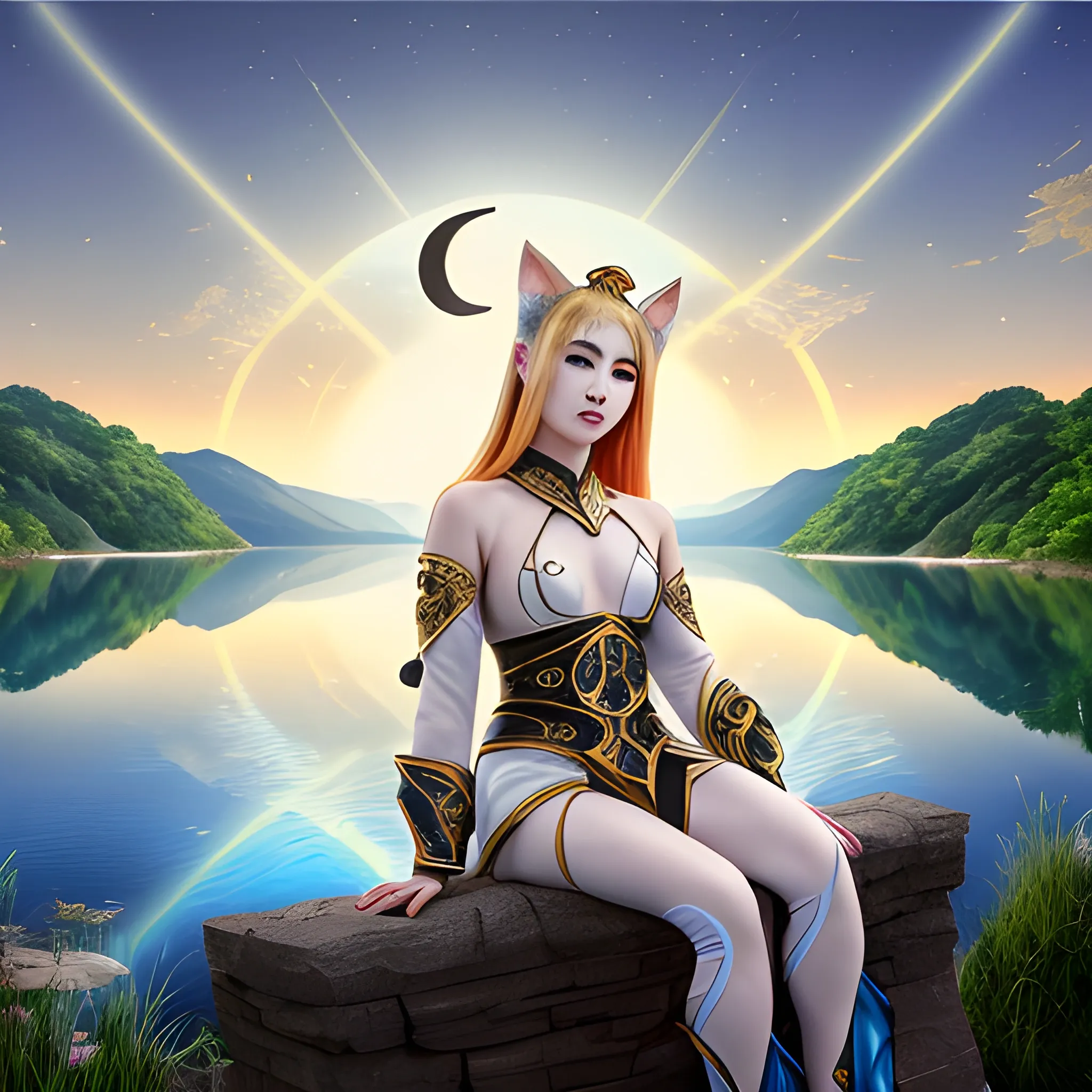 full length photo of jolin, mid fall, crescent moon, 1px lines,, 4 k uhd image, sat by a lake, three suns at the sky, detailed face, biblical!! holy perfection!! digital painting, cosplay of a catboy! 