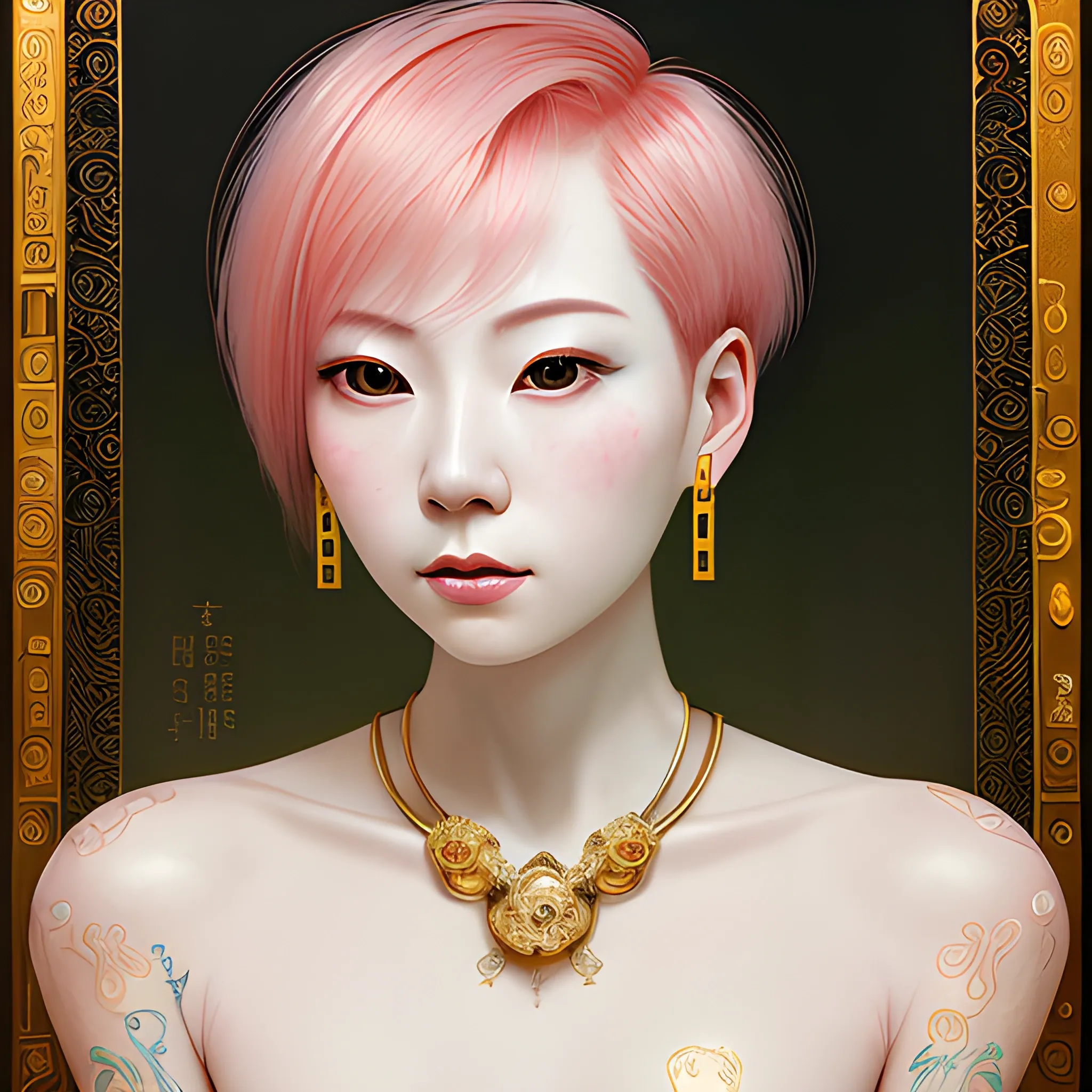 Portrait of a beautiful pale skin Taiwanese woman with short pink hair, elegant, realistic, highly detailed, artistic, smooth, sharp focus, gold ornaments, neon, science fiction, Klimt art.