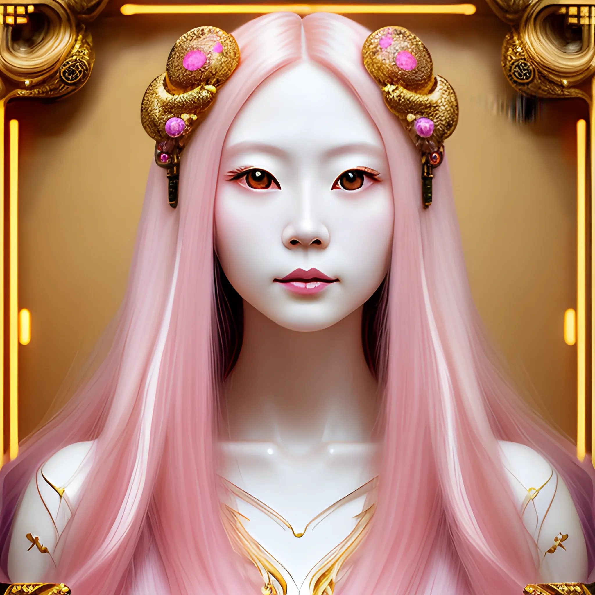 Portrait of a beautiful pale skin Taiwanese woman with pink medium long hair, double eyelids, elegant, realistic, highly detailed, artistic, smooth, sharp focus, gold ornaments, neon, science fiction, Klimt art.