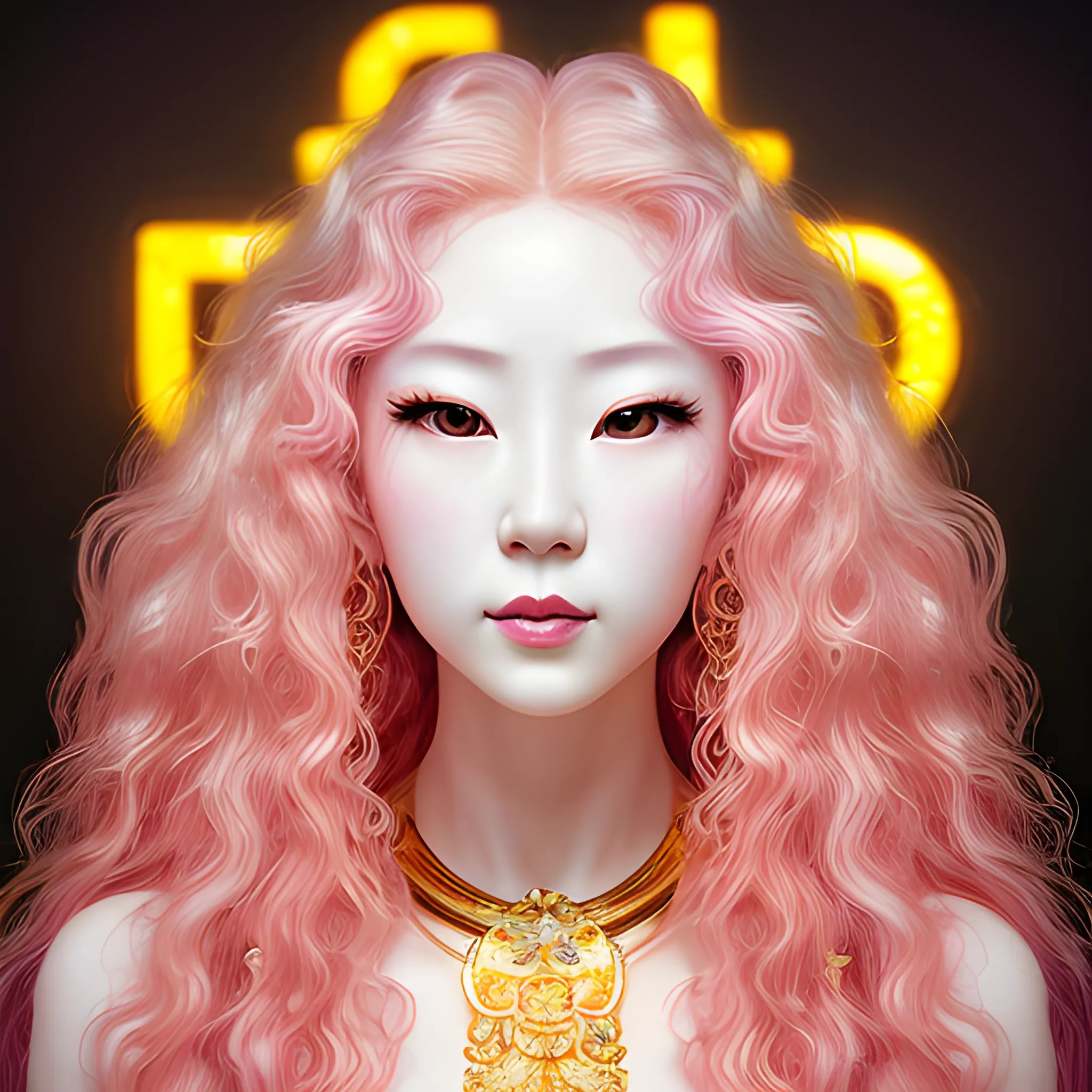Portrait of a beautiful pale-skinned Taiwanese woman with pink long curly hair, double eyelids, elegant, realistic, highly detailed, artistic, smooth, sharp focus, gold ornaments, neon signs, big scene, art of Klimt.