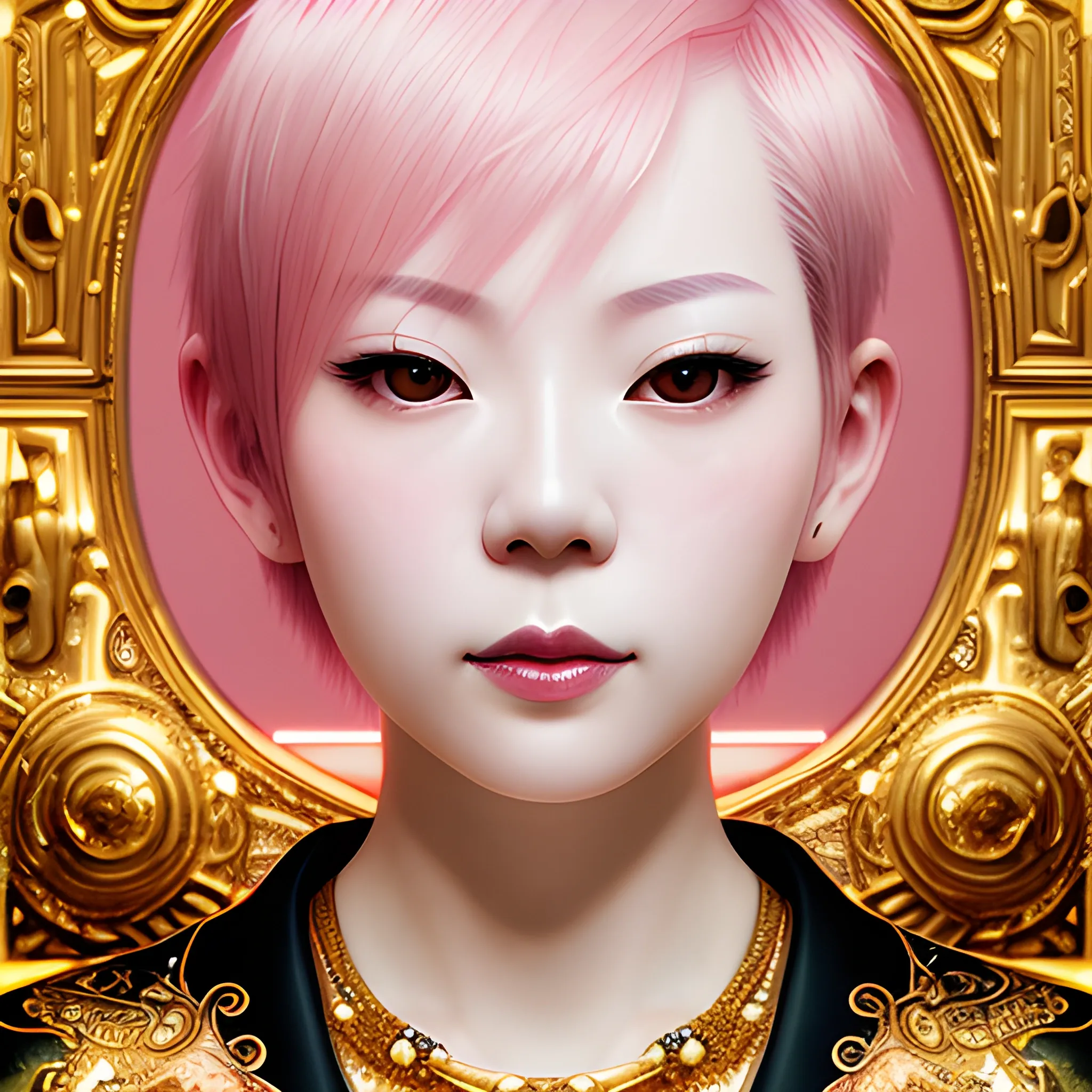 Portrait of a beautiful pale skin Taiwanese woman with short pink hair,  elegant, realistic, highly detailed, artistic, smooth, sharp focus, gold ornaments, neon lights, big scene, art of Klimt.