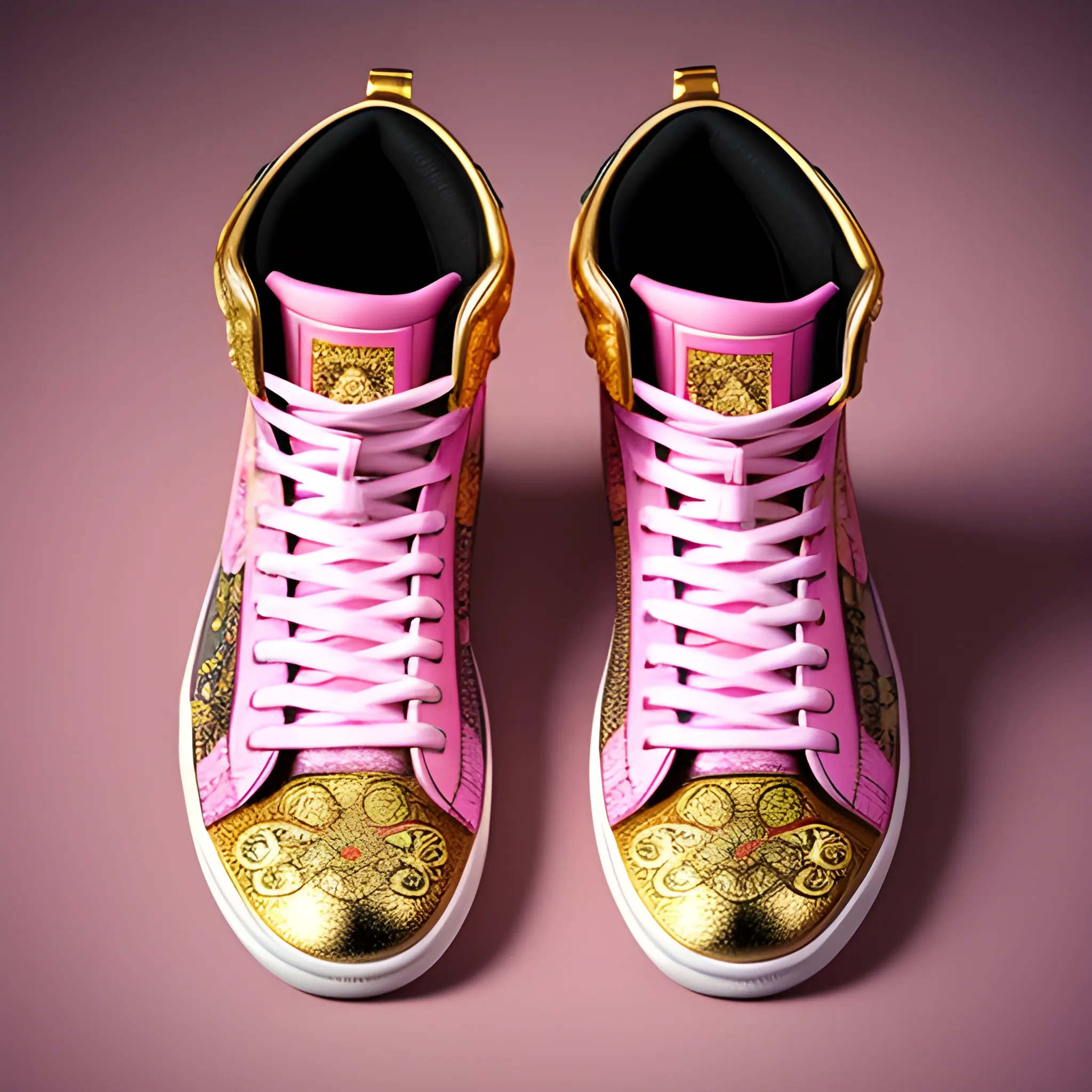 Portrait of a pair of mid-top board shoes with pink, tattooed, elegant, realistic, highly detailed, artistic, smooth, sharp focus, gold ornaments, neon, large scene, art by Klimt.