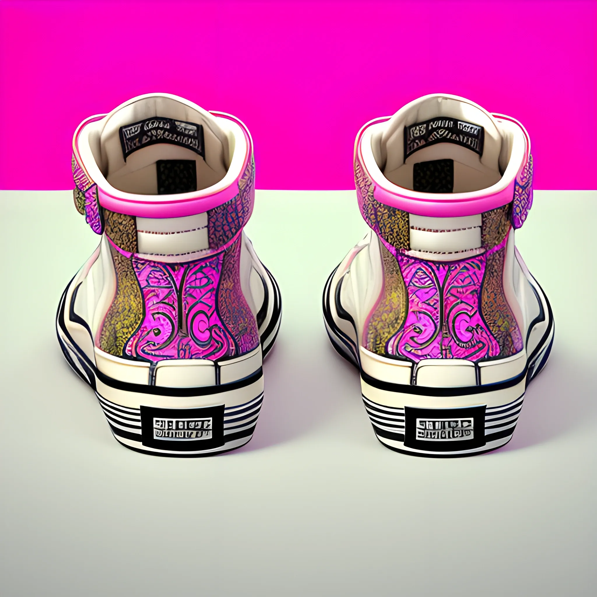 Portrait of a pair of mid-top board shoes with pink soles, tattooed, elegant, realistic, highly detailed, artistic, smooth, sharp focus, white upper, neon, positive exterior perspective, Klimt's art.