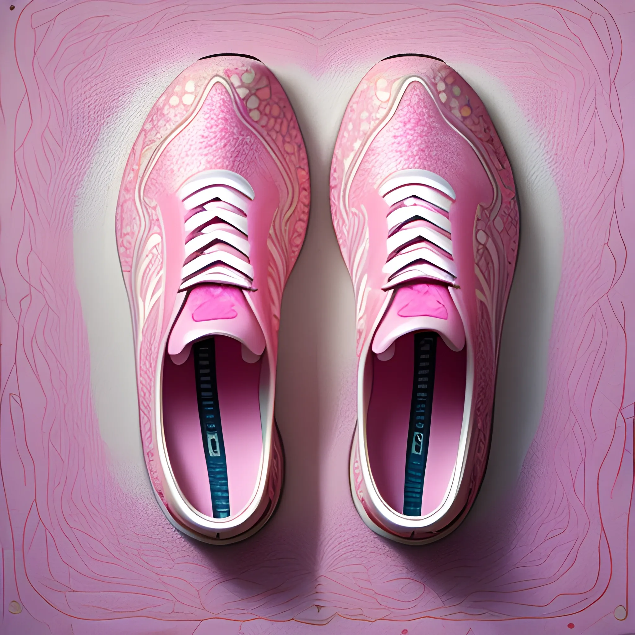 Portrait of a pair of running shoes, pink-EVA outsole, elegant, realistic, highly detailed, artistic, smooth, sharp focus, white upper, neon, exterior perspective, Klimt's art.