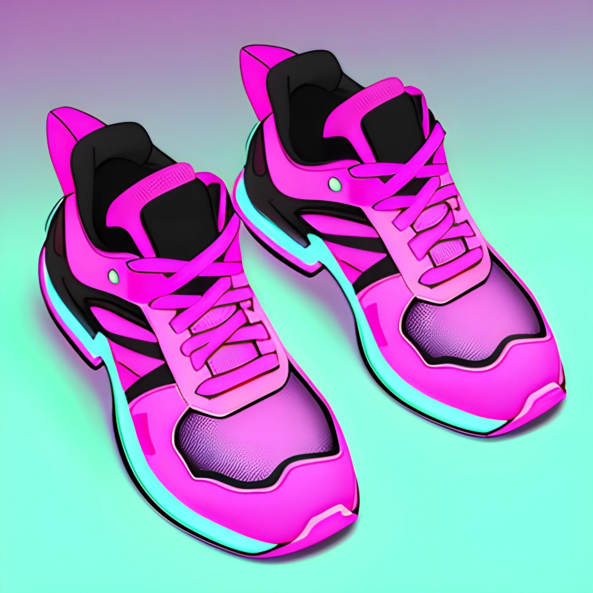 Detailed neon pink women's running shoes, cyberpunk futuristic, body gives a light feel, reflective fluffy coat, wide angle, illustration, fine details, realistic shadows, fine layers, nice curves