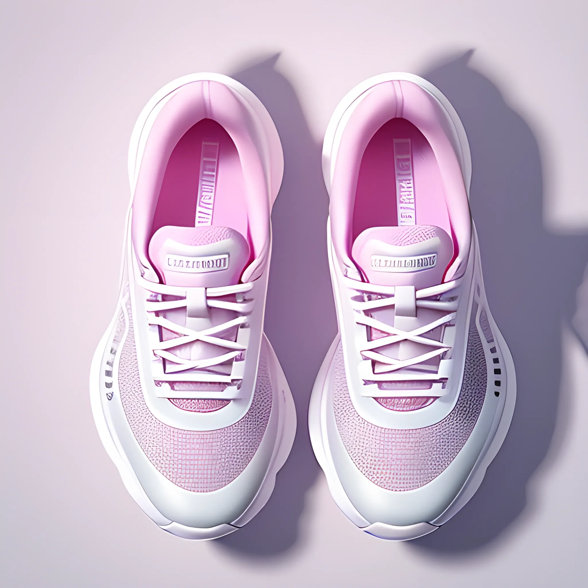 Detailed white in transparent pink women's running shoes, the body gives a light feeling, reflective fluffy coat, wide angle, illustrations, fine details, realistic shadows, fine gradations, beautiful curves