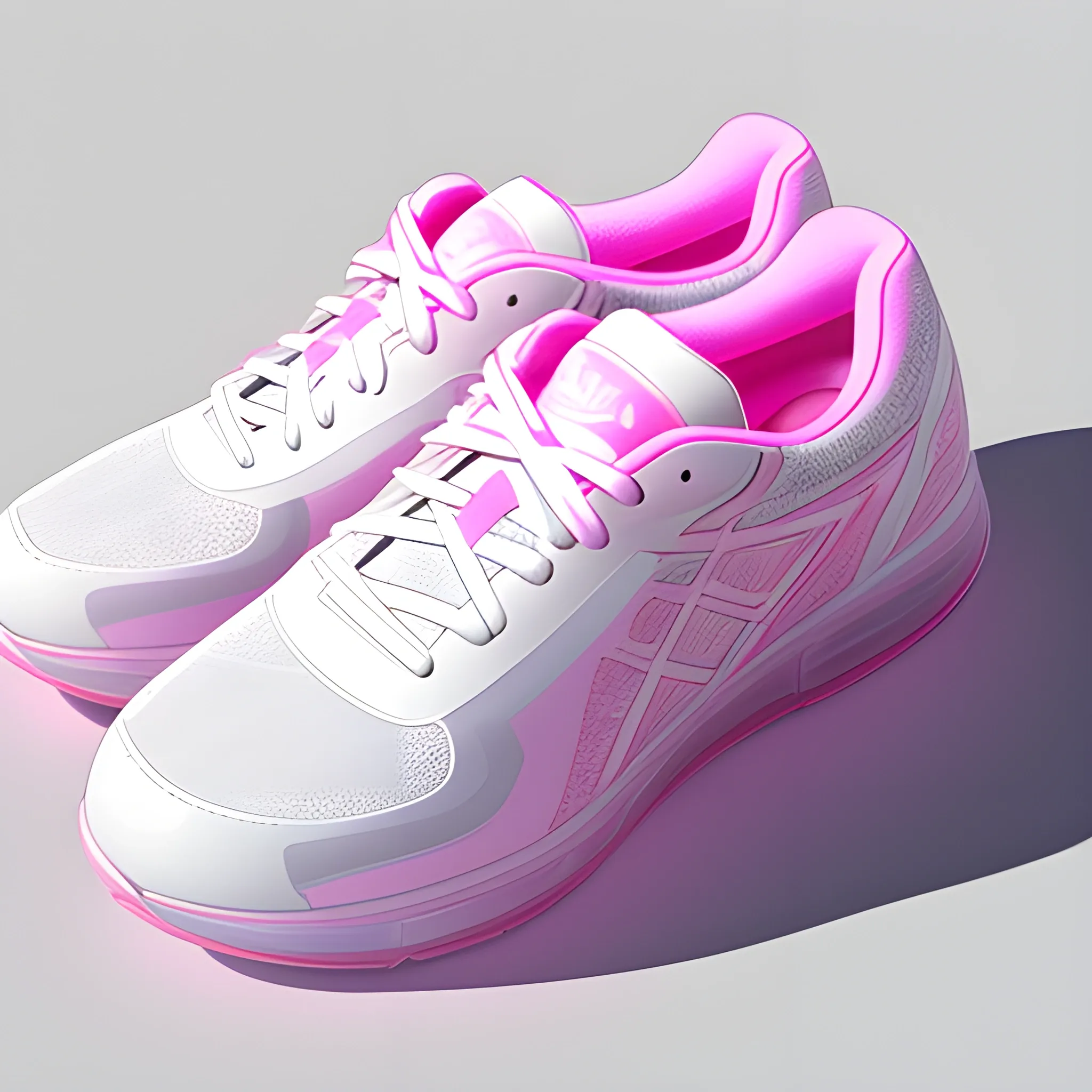 Detailed white in transparent pink women's running shoes, the body gives a light feeling, reflective fluffy coat, wide angle, side angle, illustration, fine details, realistic shadows, fine layers, beautiful curves