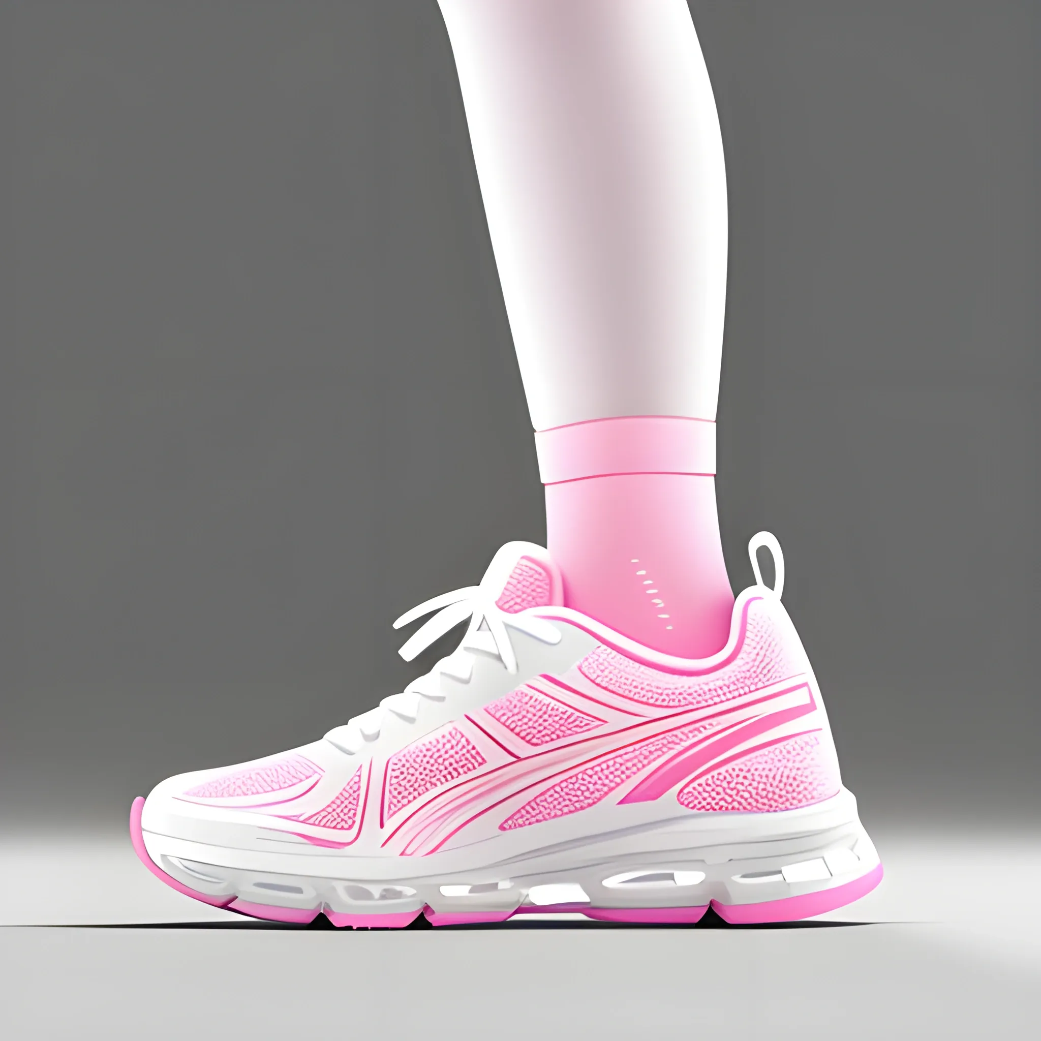 Detailed white in transparent pink women's running shoes, the body gives a light feeling, reflective fluffy coat, wide angle, side angle, illustration, fine details, realistic shadows, fine layers, beautiful curves