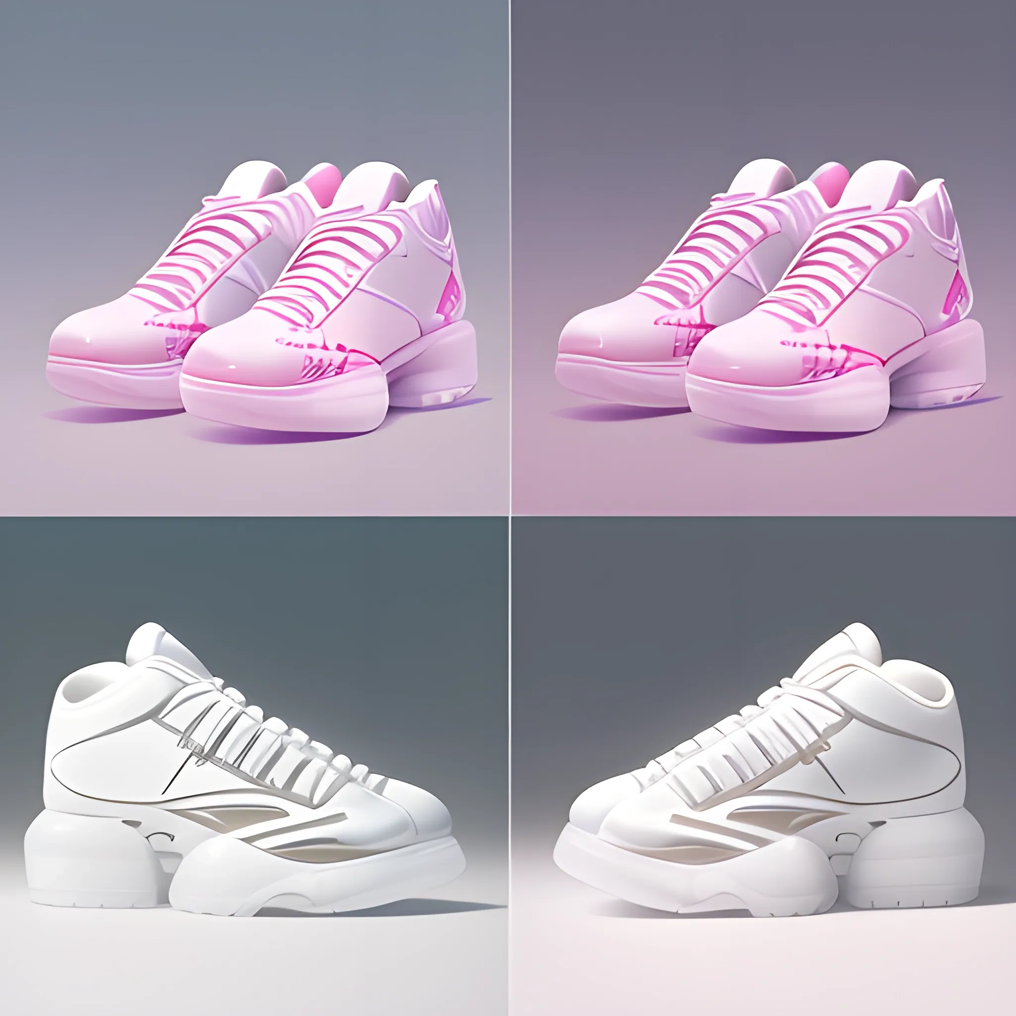 Detailed white transparent female sports, the shoe body gives a light feeling, reflective fluffy coat, Chinese gouache color matching, the main color is only pink and white, wide angle, side angle, illustration, fine details, realistic shadows, fine levels, beautiful curves, the picture is divided into four frames for showing different angles