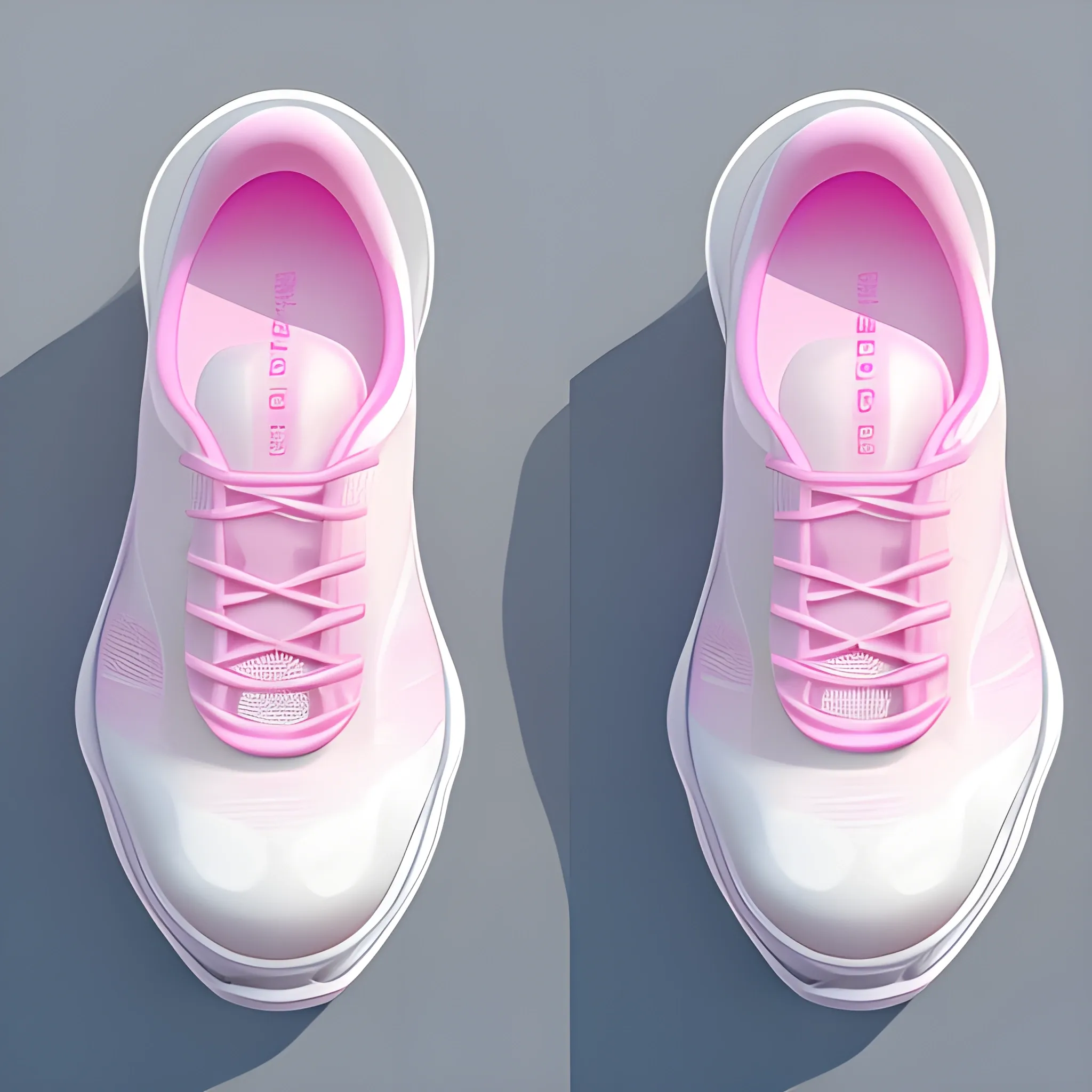 Detailed white transparent pink women's running shoes, the body gives a light feeling, reflective fluffy coat, Chinese gouache color matching, the main color is only pink and white, wide angle, side angle, illustration, fine details, realistic shadows, fine levels, beautiful curves, the picture is divided into four frames to show different angles