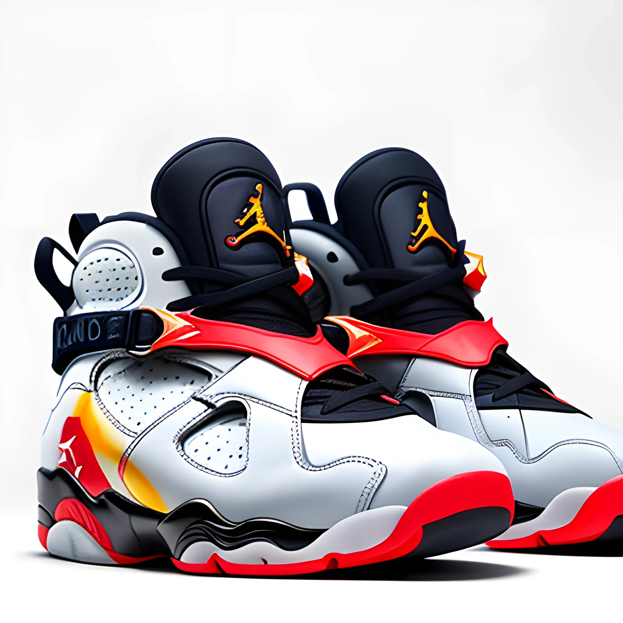 Surreal and heavy detailed product photos Air Jordan 8 shoes by Travis Scott, in front of white background, the whole shoe is in the picture, Leica SL 2 5 0 mm, colorful, high quality, high texture, real life