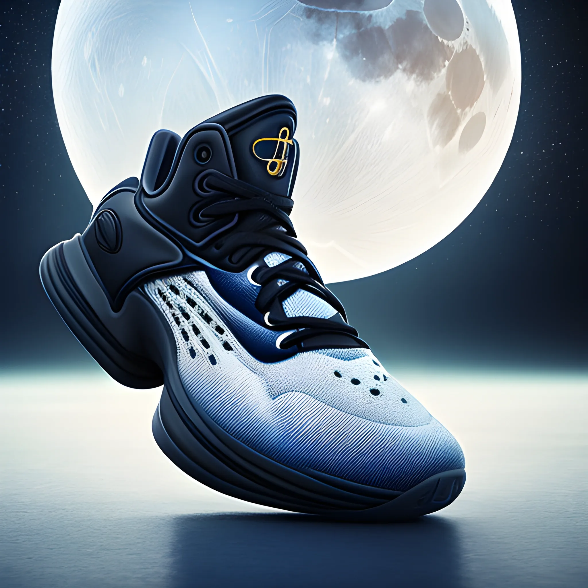 Surreal and heavy detailed sneaker product photo, concept moon rider basketball sneakers, light feeling, pop in art station, smooth, whole shoe in picture, sharp focus